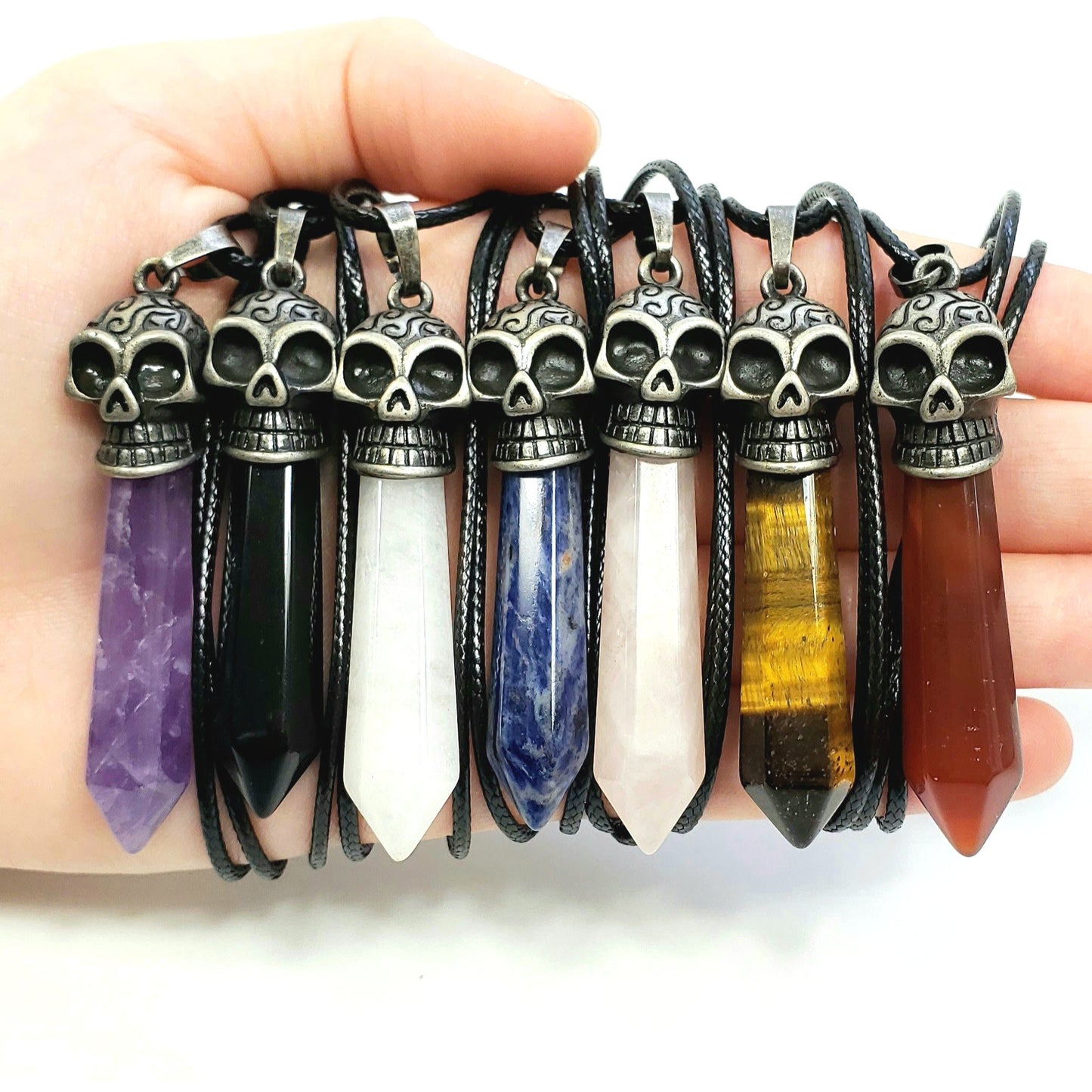 Crystal Skull Point on Wax Cord, Assorted Gemstones