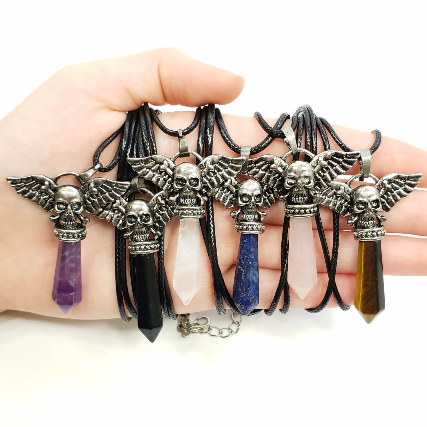 Crystal Skull with Wings on Cord in Assorted Gemstones