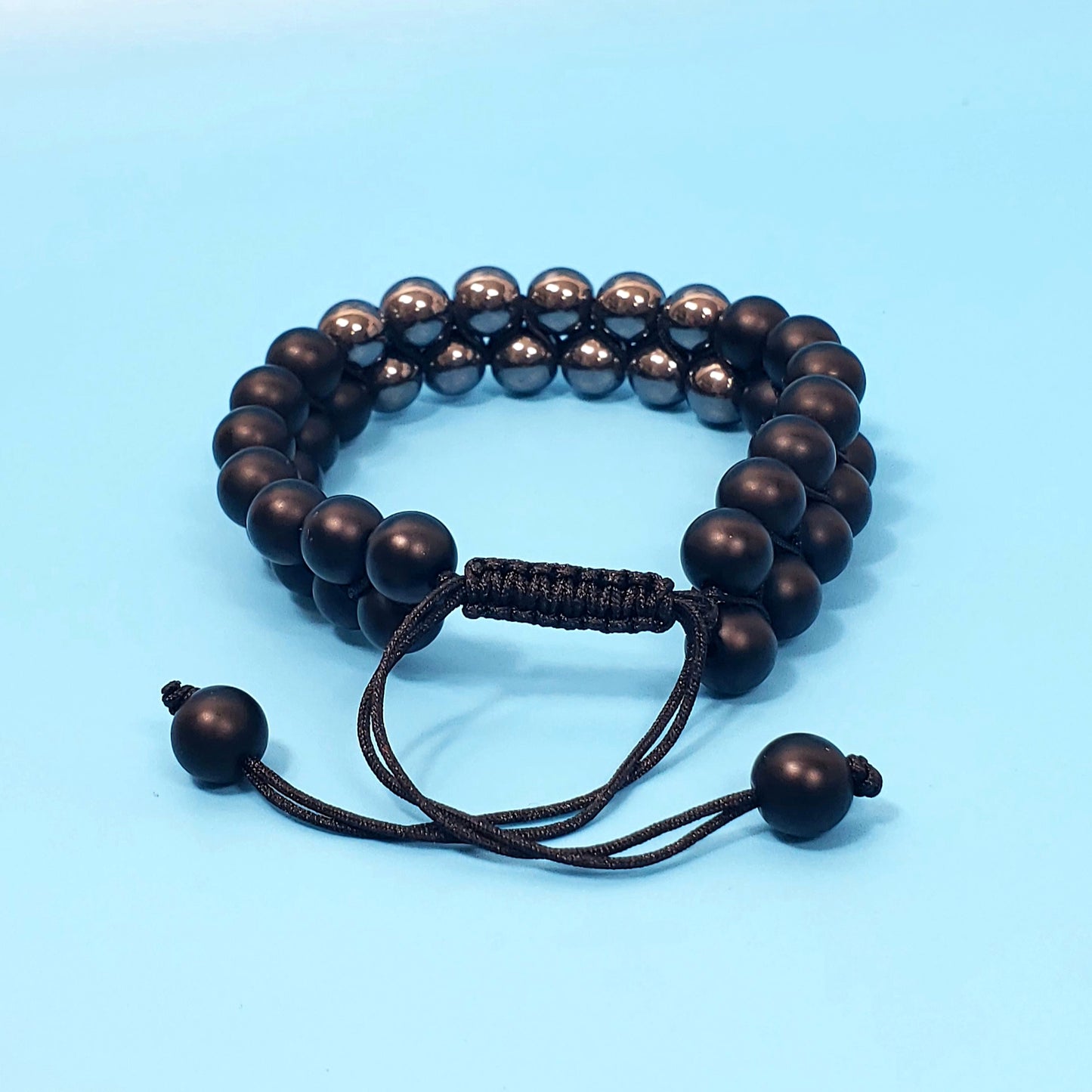 Black Matte Onyx and Hematite Double Strand Adjustable Bracelet