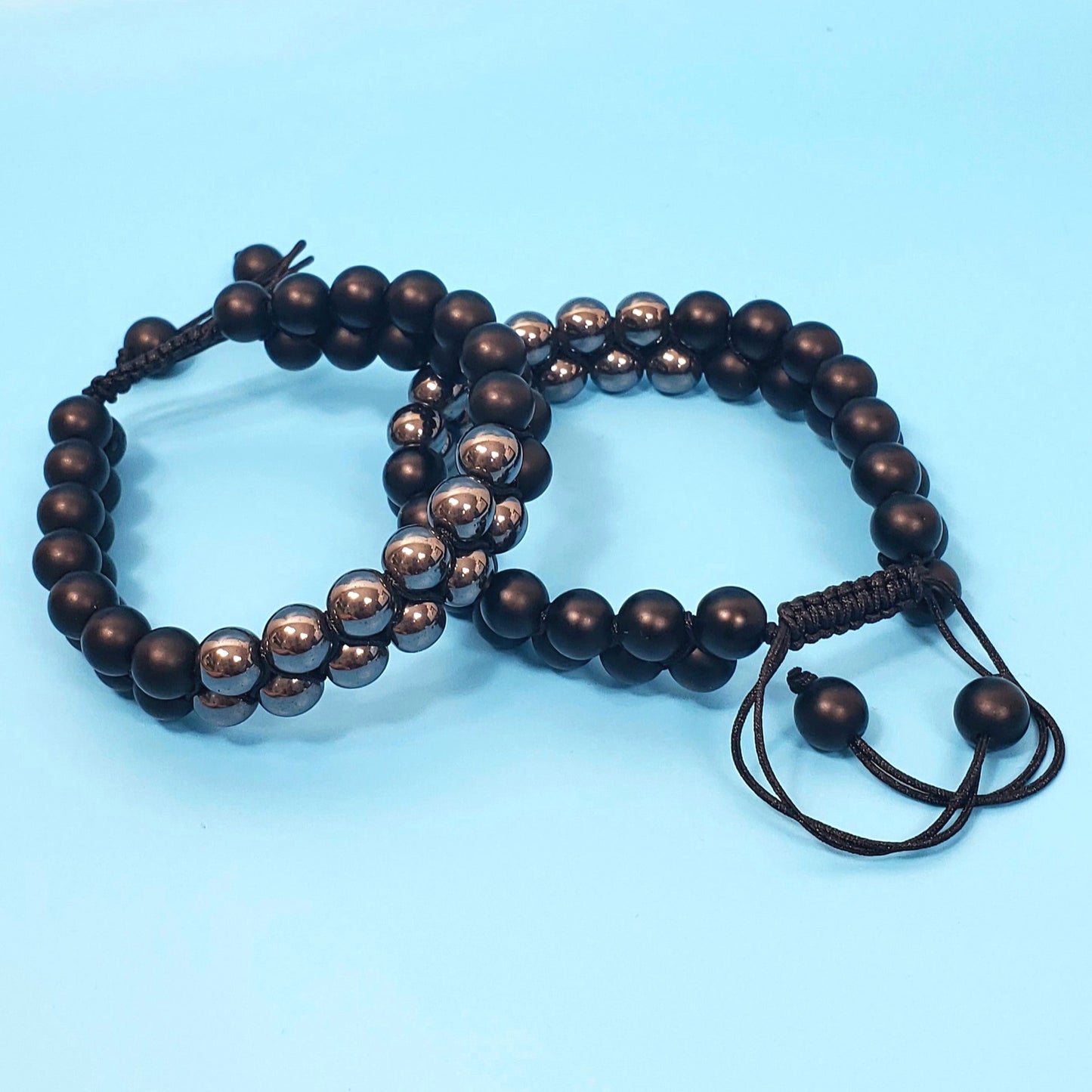 Black Matte Onyx and Hematite Double Strand Adjustable Bracelet