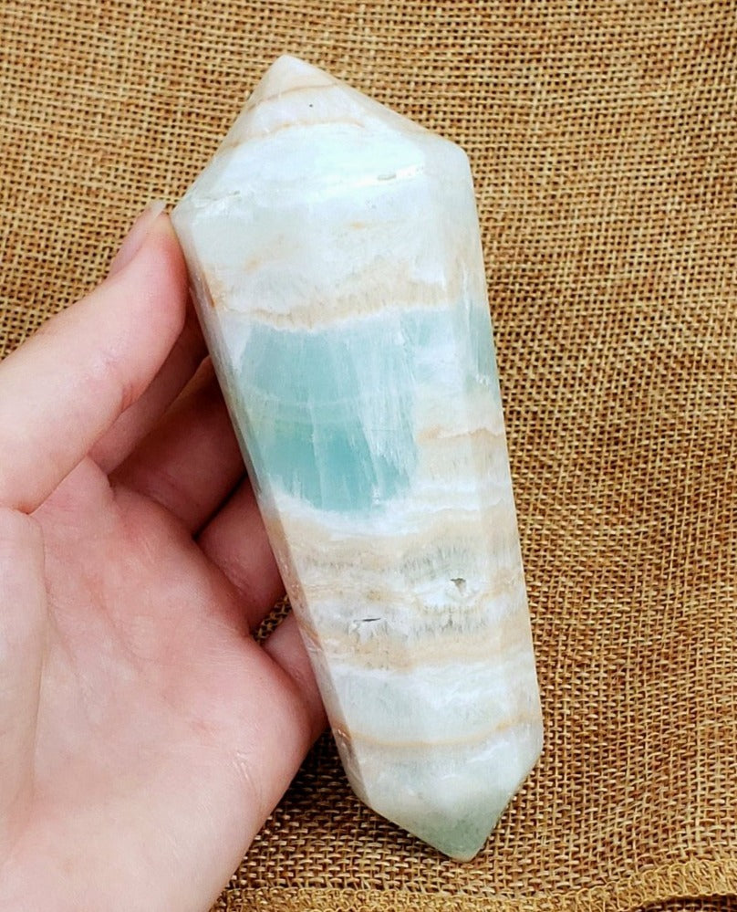 Unique Banded Mint Green Calcite Vogel Crystal Wand