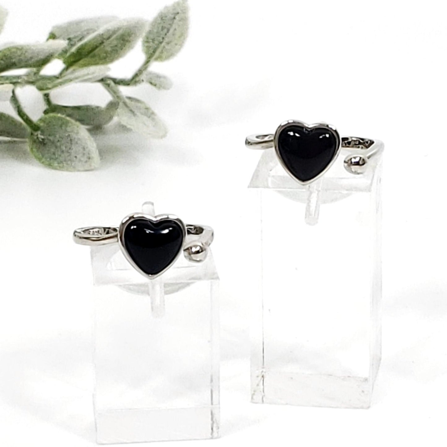 Black Onyx Heart Shaped Ring - Adjustable Sterling Silver