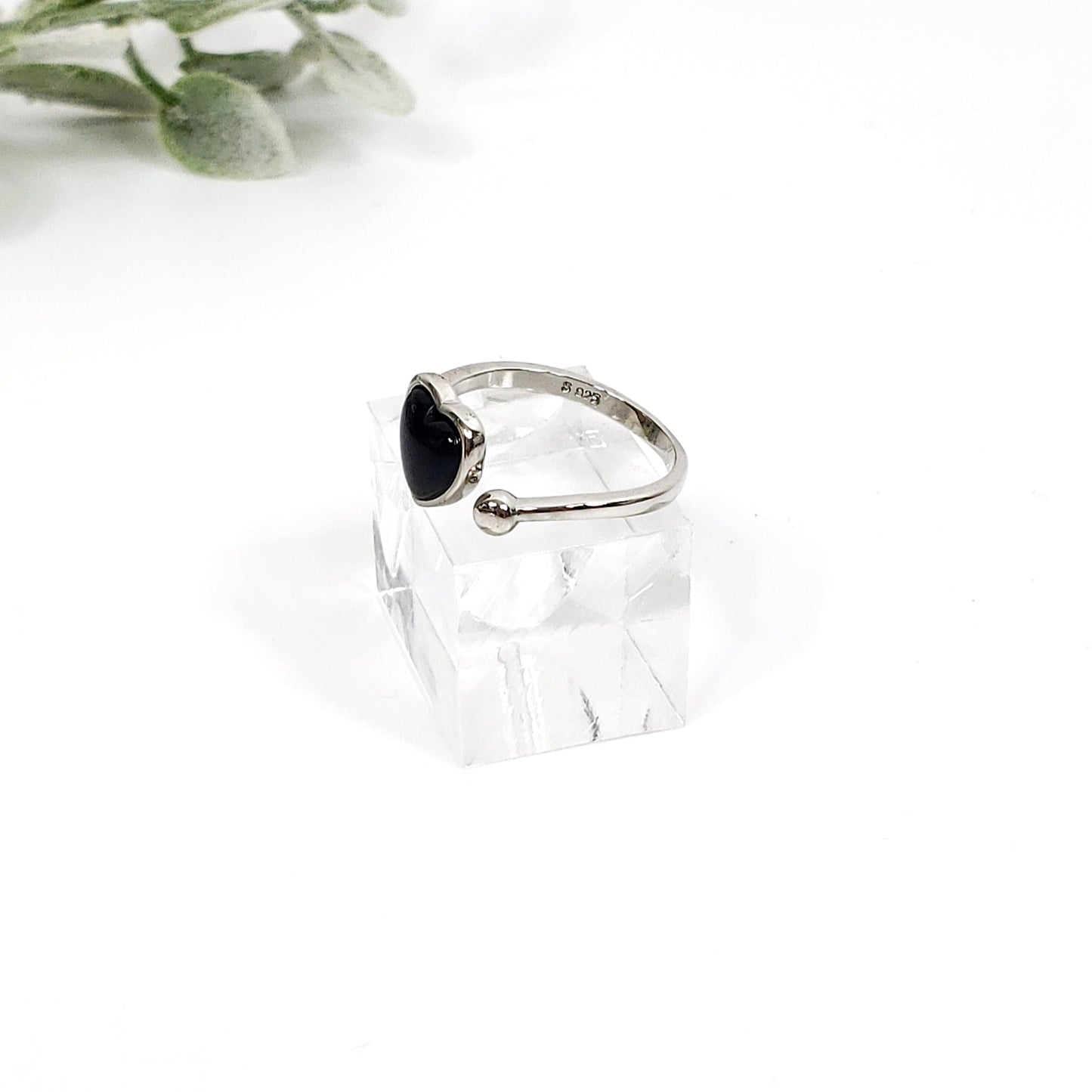 Black Onyx Heart Shaped Ring - Adjustable Sterling Silver