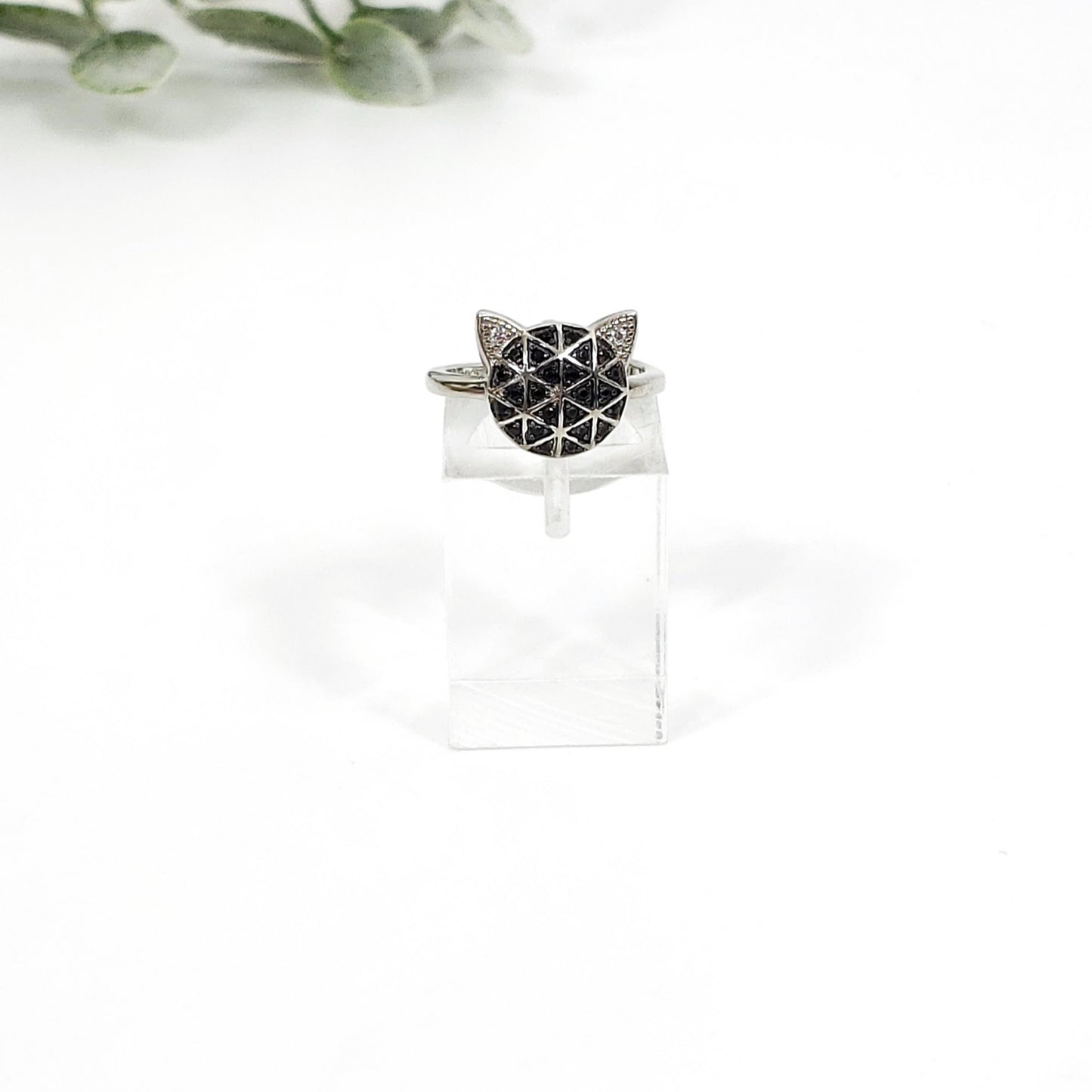 Black Spinel Adjustable Cat Face Ring, Sterling Silver