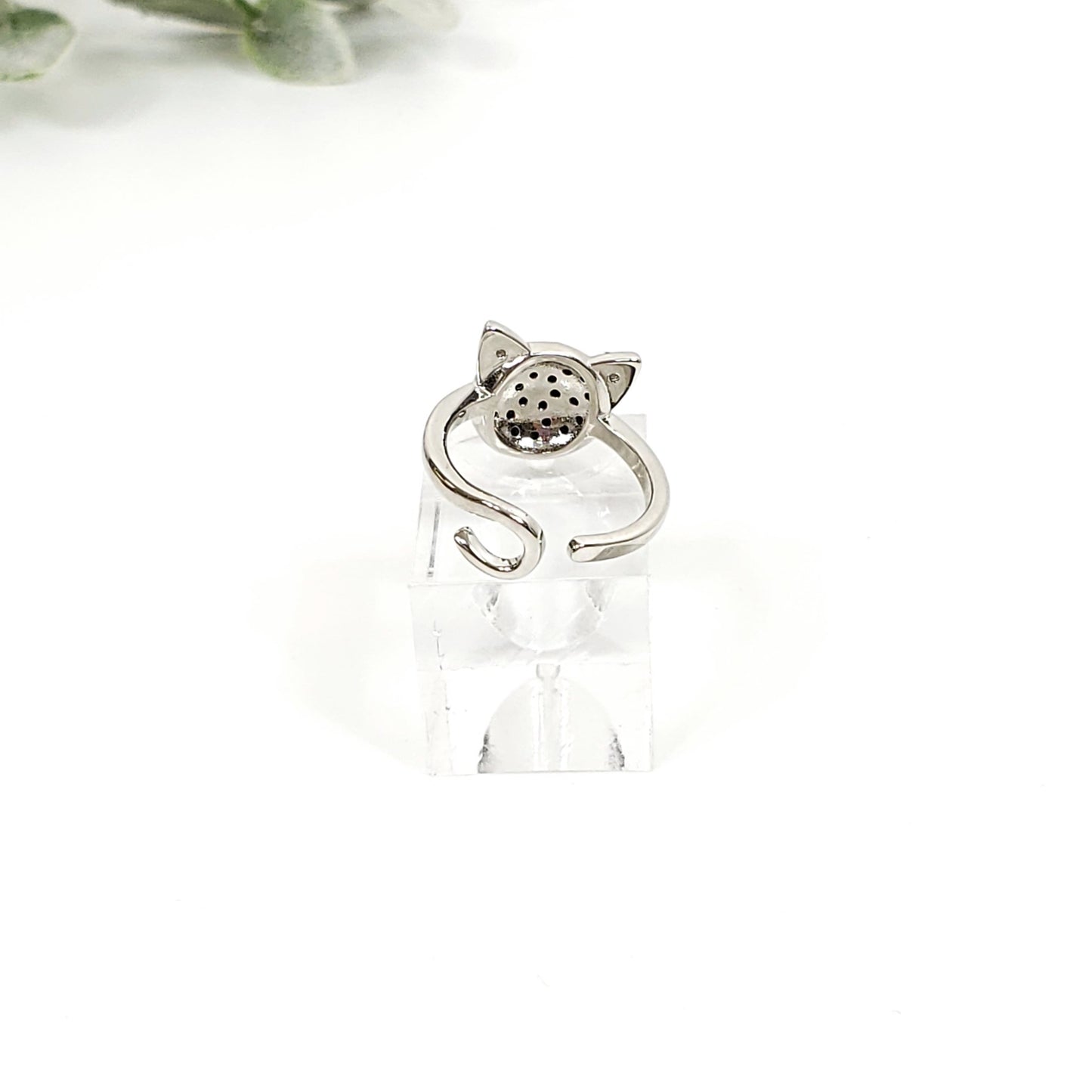 Black Spinel Adjustable Cat Face Ring, Sterling Silver