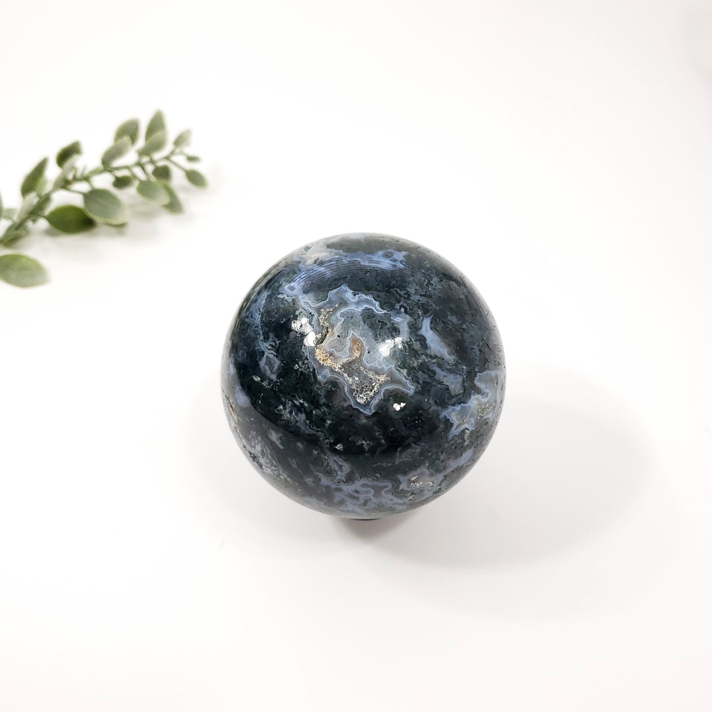 Green Moss Druzy Agate Sphere with Blue Chalcedony for Calm and Renewal