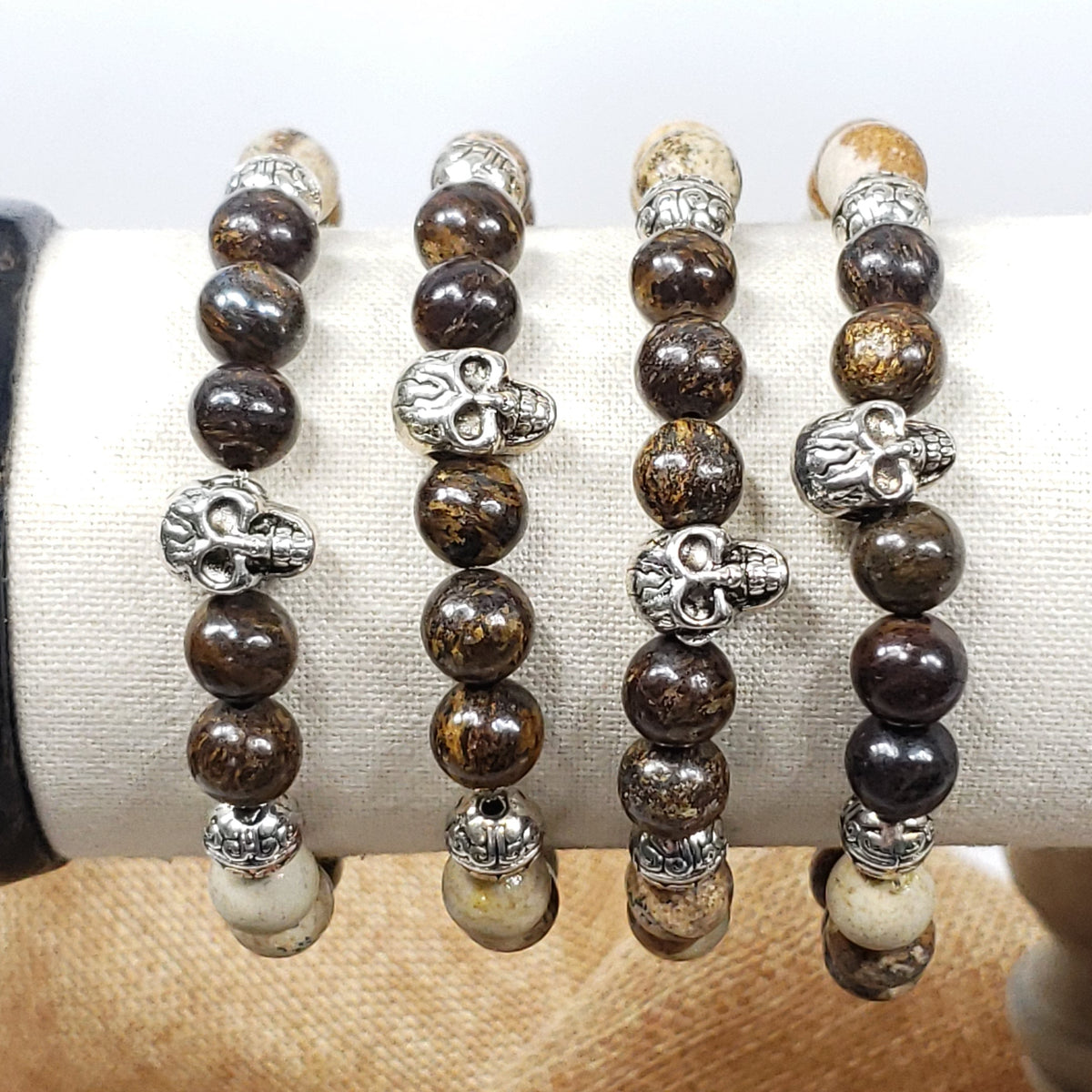 Picture Jasper and Bronzite 8mm Skull Bracelet for Grounding
