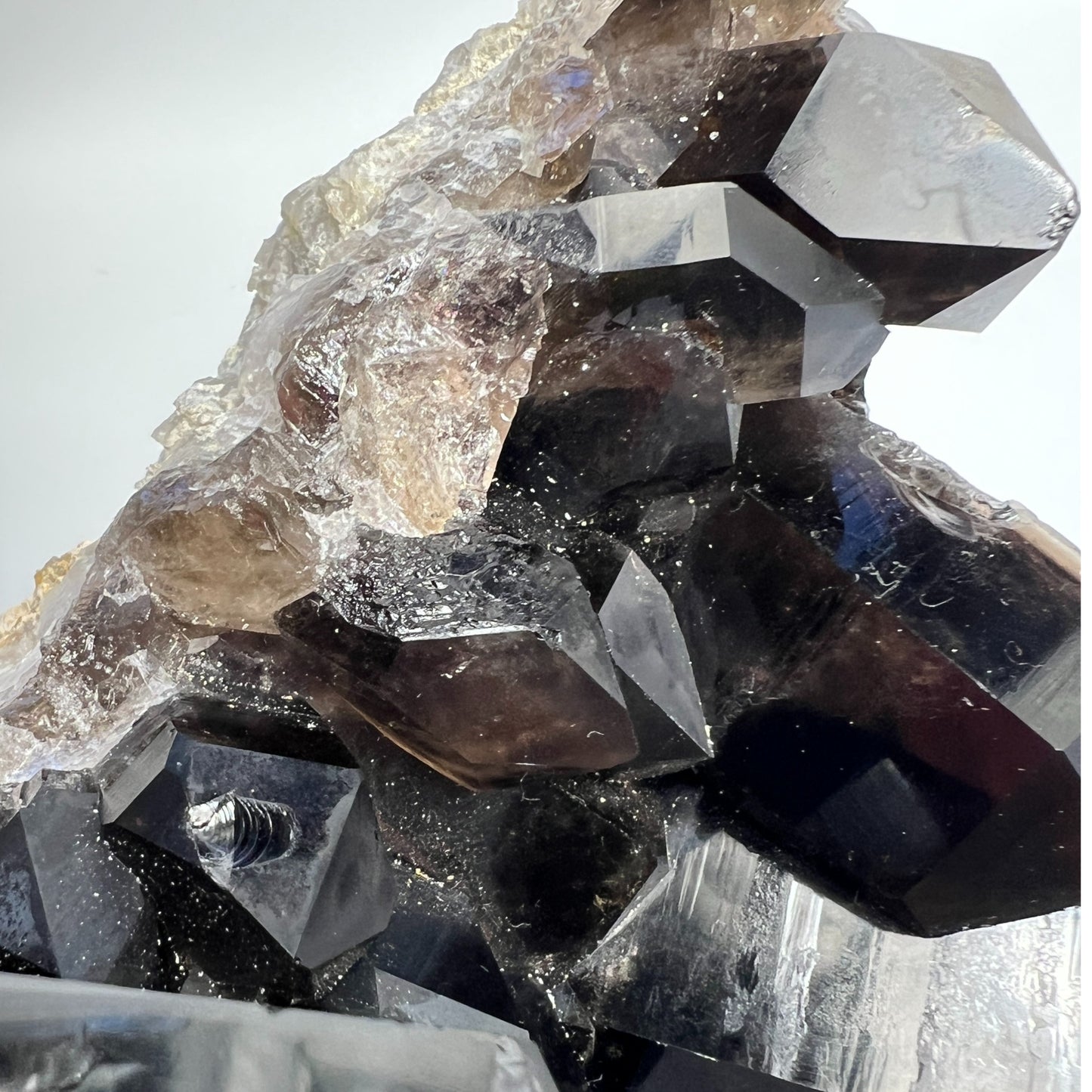 Smoky Quartz cluster with large and small points showing depth, clarity, and earthy tones