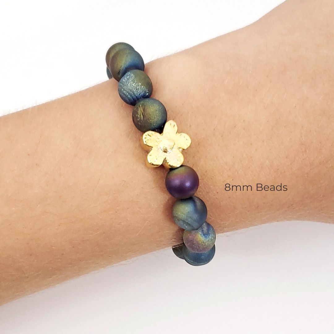 Titanium Aura Agate Beaded Bracelet with Golden Flower – Limited Fall Edition