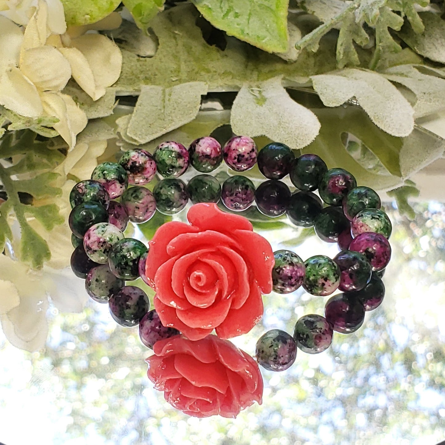 Ruby Zoisite Crystal Bracelet with large stone flower