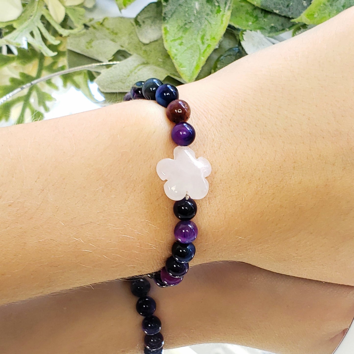 Delicate Aura Tiger Eye Bracelet with Rose Quartz Flower for Self-Love and Acceptance