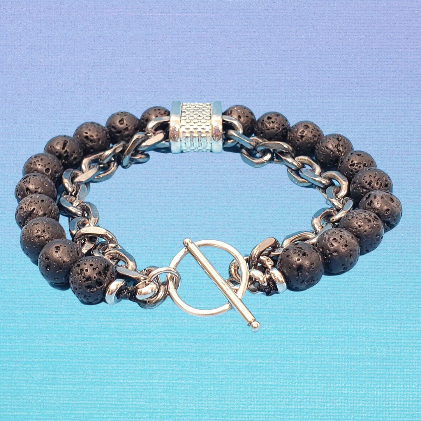 Black Lava Bead Bracelet with Chain and Clasp