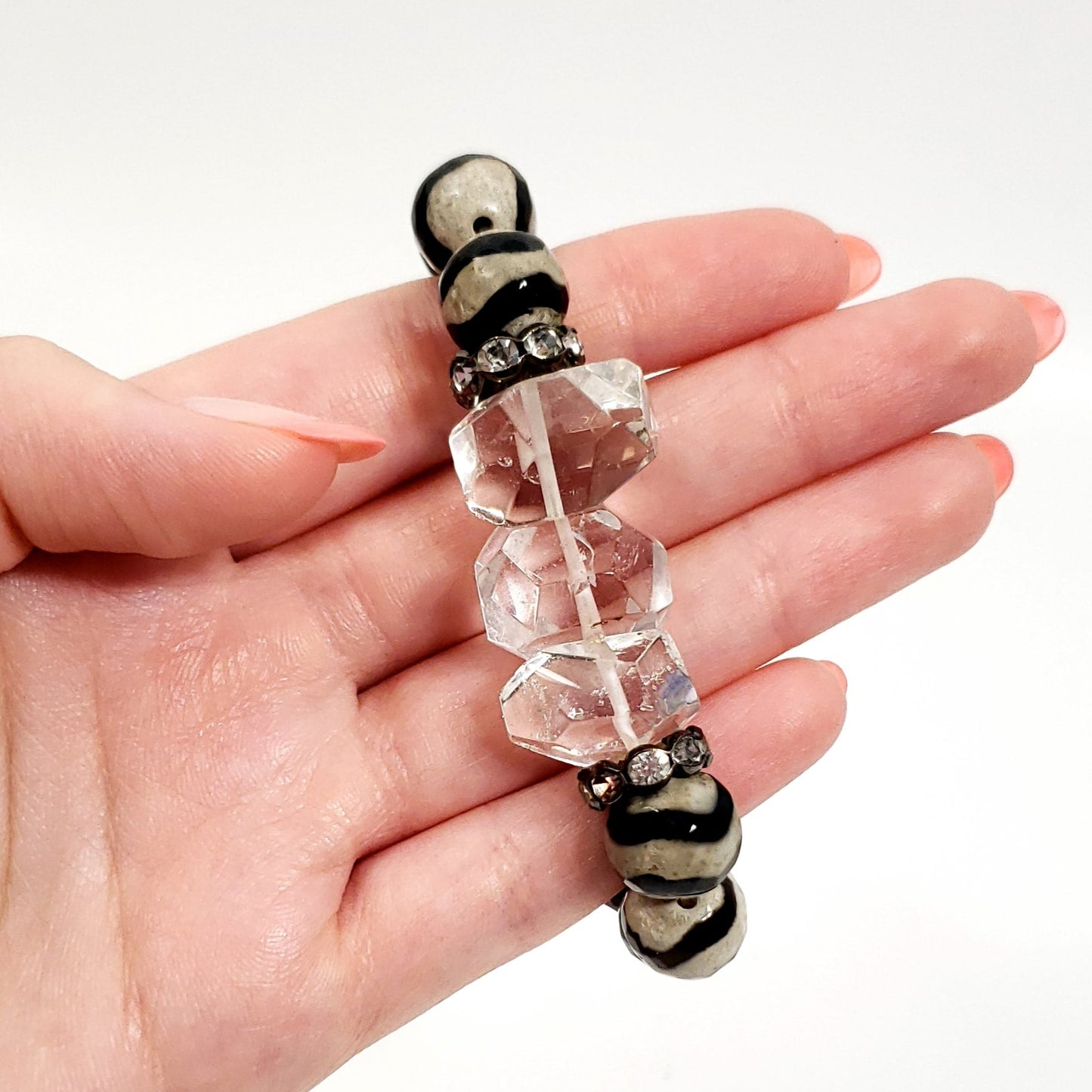 Funky Clear Quartz, Dzi Agate & Black Onyx Bracelet – Bold Handmade Crystal Jewelry for Clarity and Strength