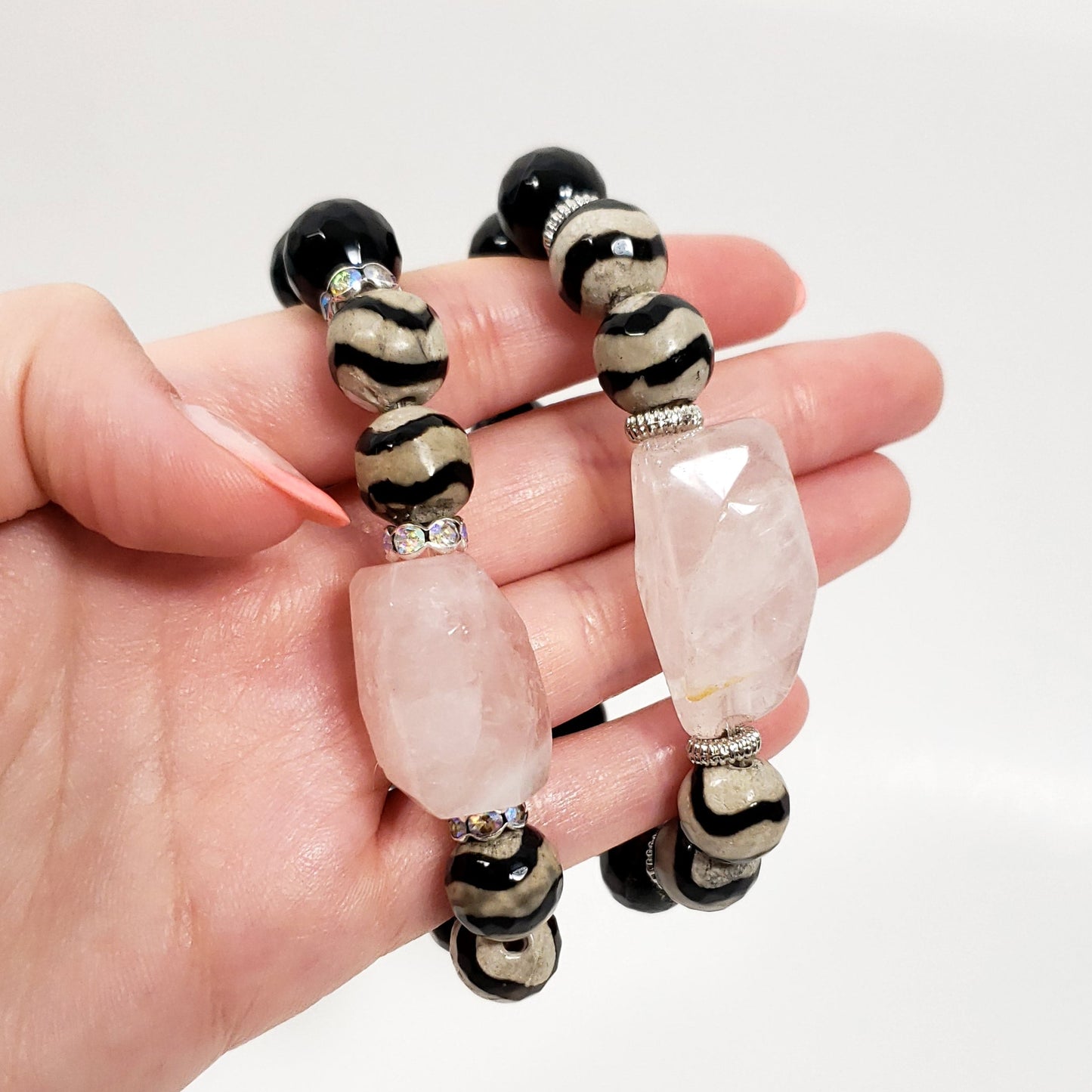 Funky Bracelet with Rose Quartz, DZI Agate, and Black Onyx