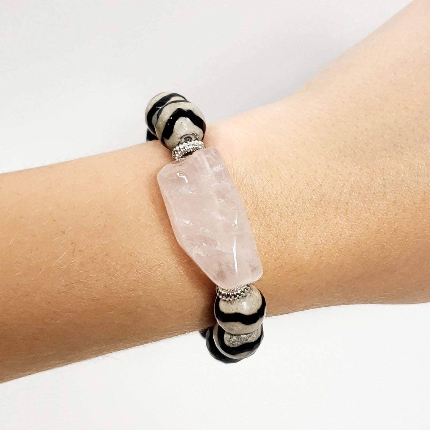 Funky Bracelet with Rose Quartz, DZI Agate, and Black Onyx