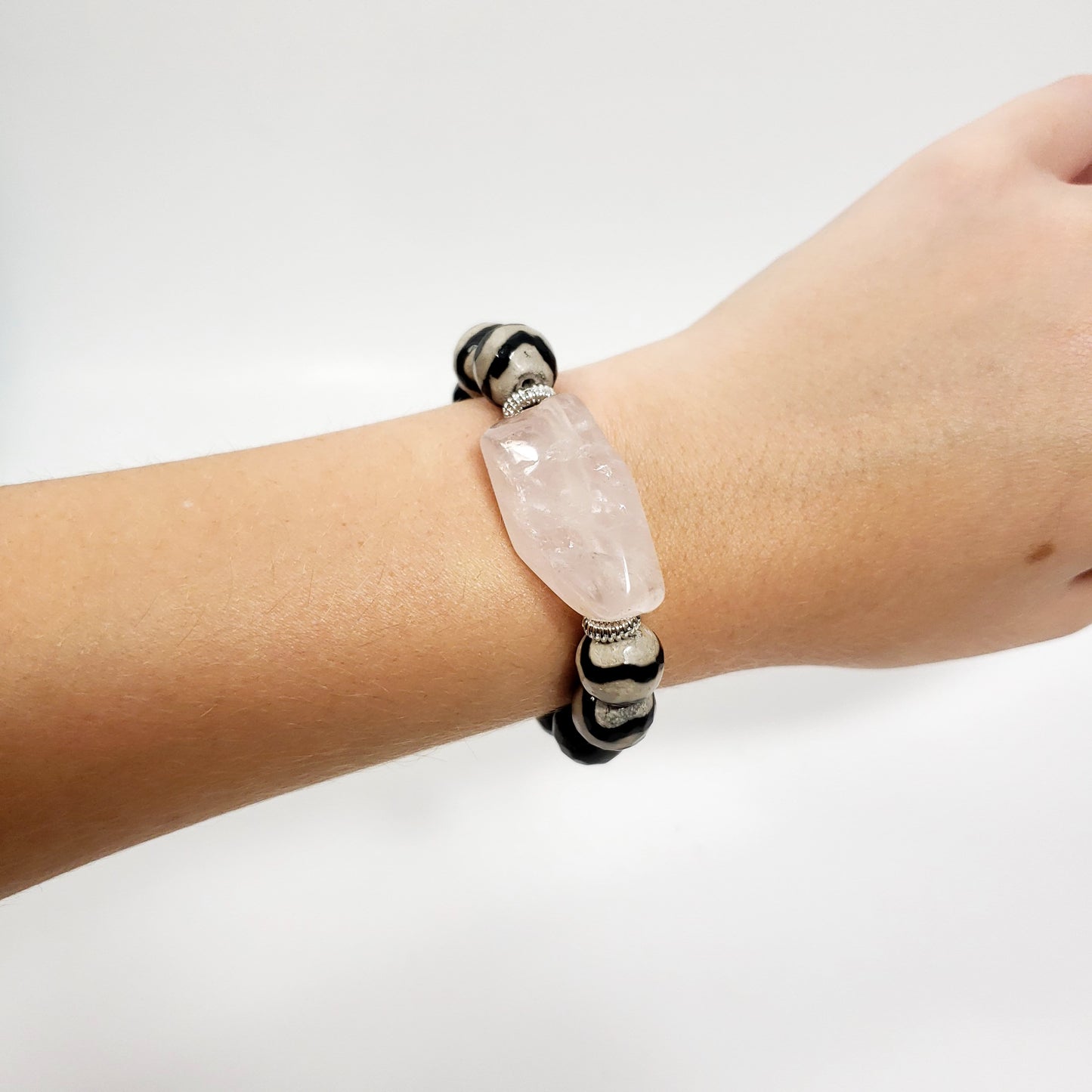 Funky Bracelet with Rose Quartz, DZI Agate, and Black Onyx