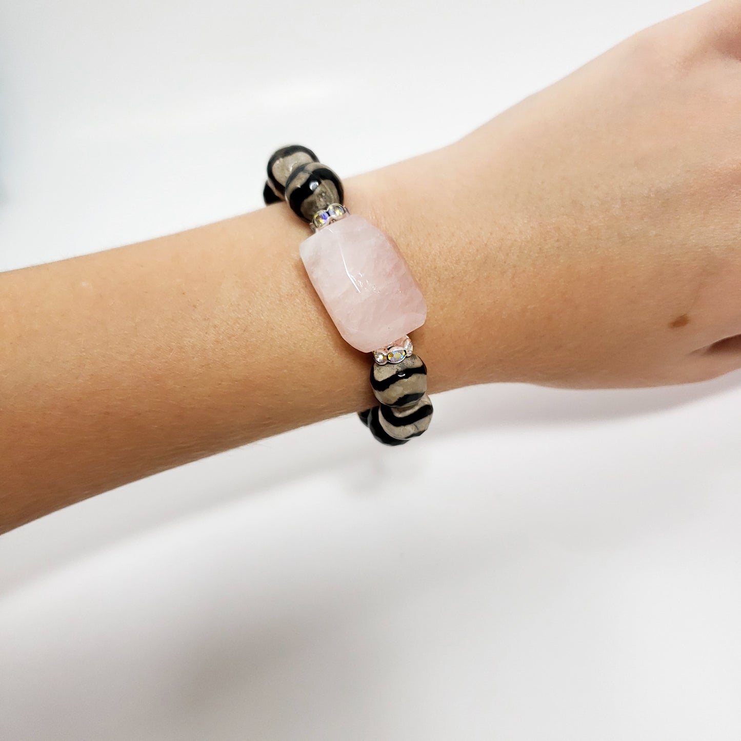 Funky Bracelet with Rose Quartz, DZI Agate, and Black Onyx