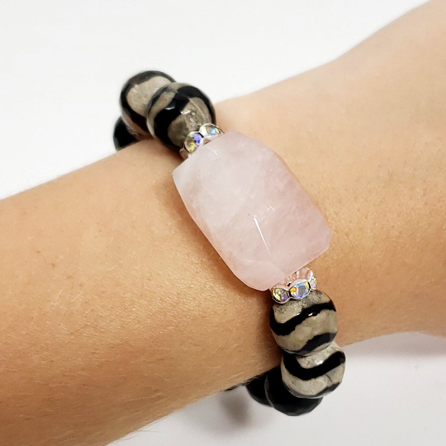 Funky Bracelet with Rose Quartz, DZI Agate, and Black Onyx