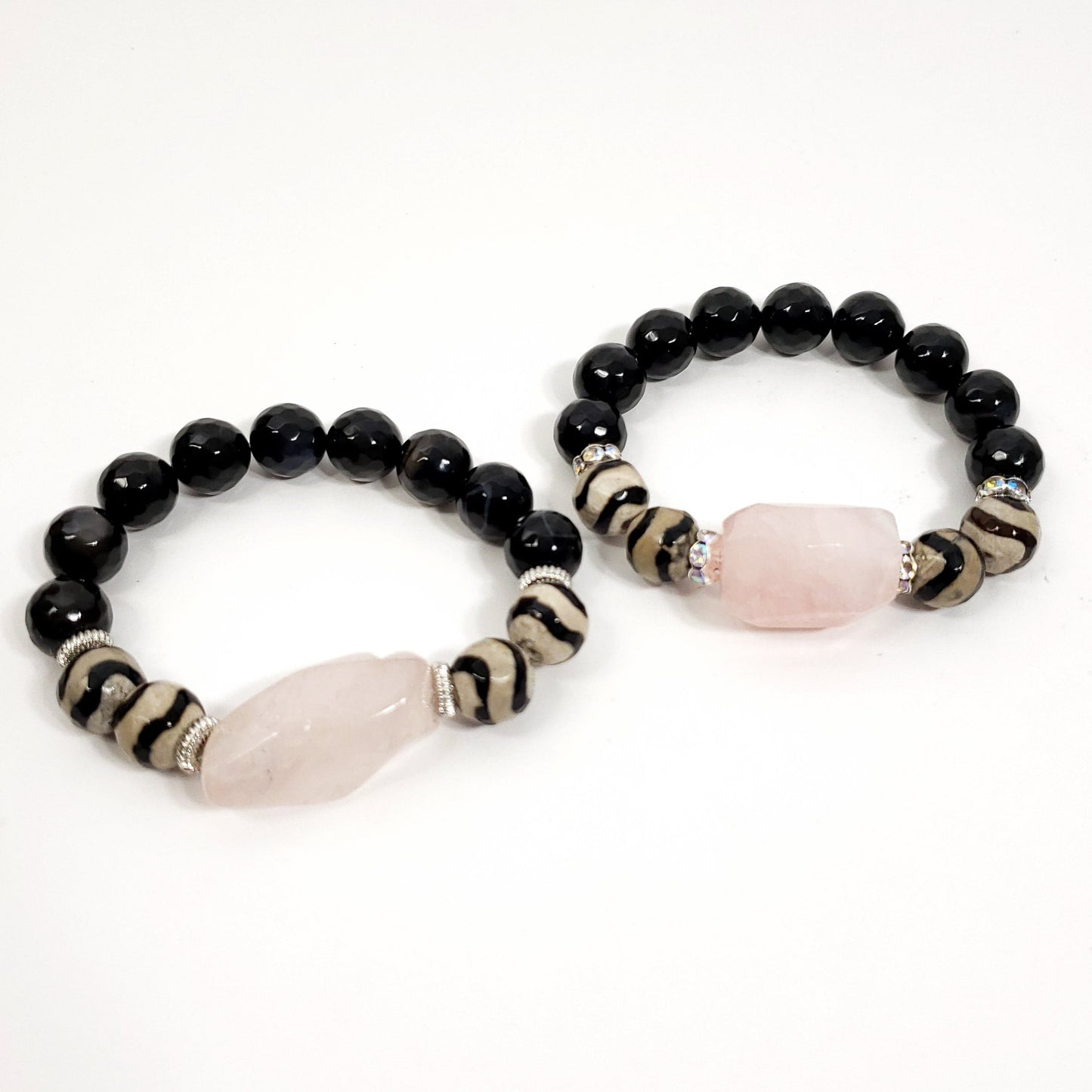 Funky Bracelet with Rose Quartz, DZI Agate, and Black Onyx
