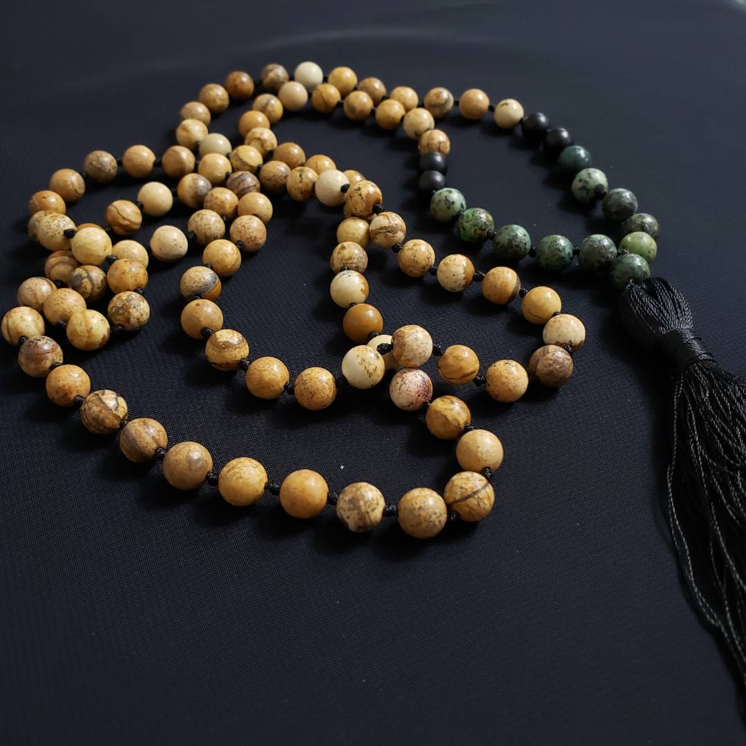 Divine Harmony: 8mm Picture Jasper and African Turquoise Jasper Mala Necklace with Black Onyx