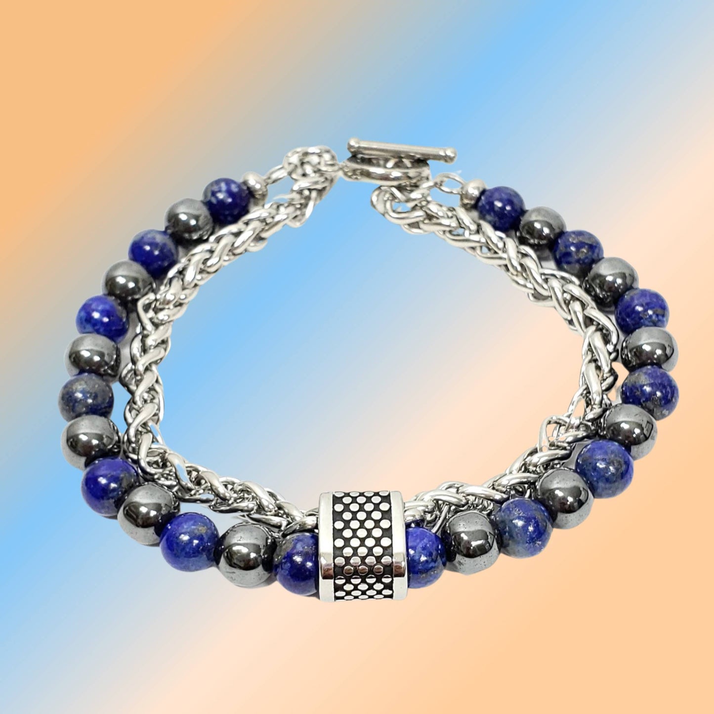 Hematite and Lapis Lazuli Bracelet with Chain and Clasp