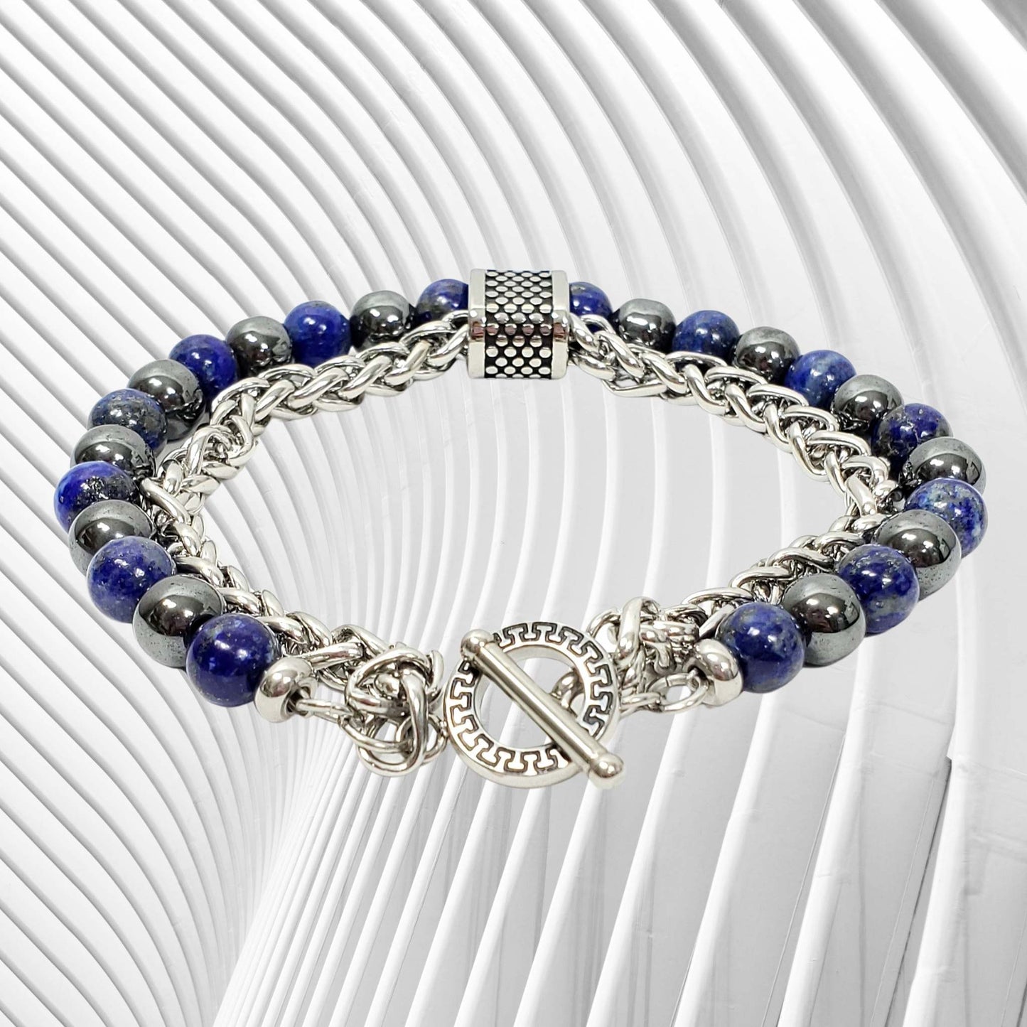 Hematite and Lapis Lazuli Bracelet with Chain and Clasp