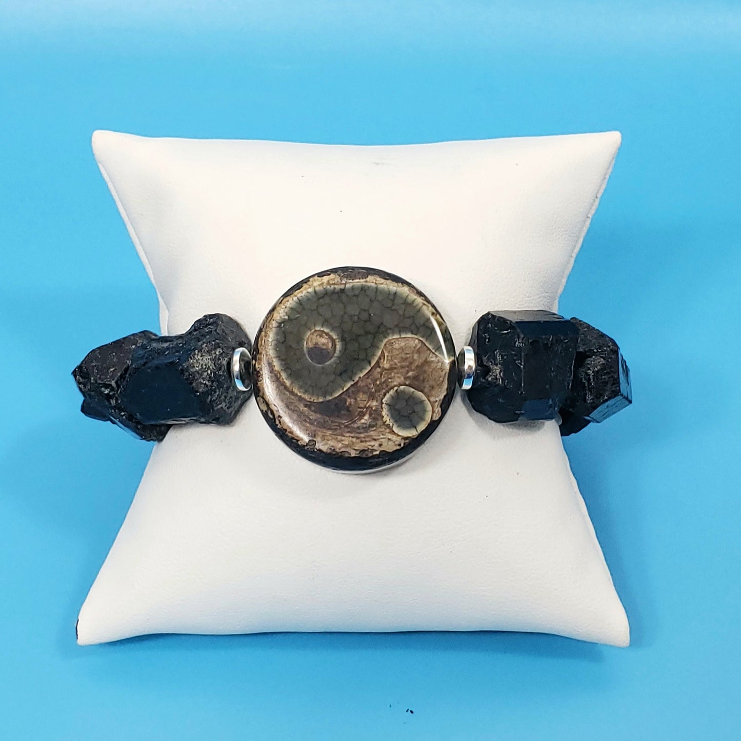 Men's Large Black Tourmaline Beaded Yin/Yang Bracelet