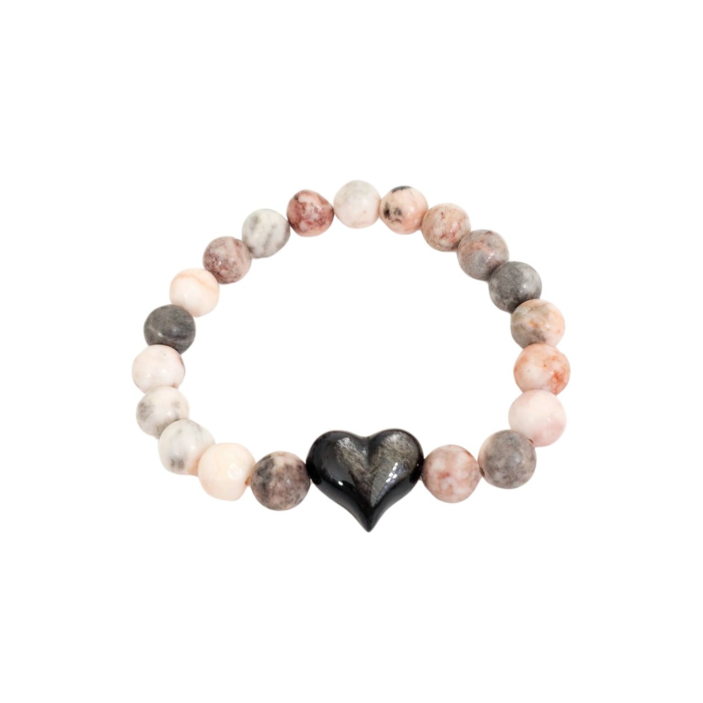 Pink Zebra Jasper Bracelet with Silver Sheen Obsidian Heart