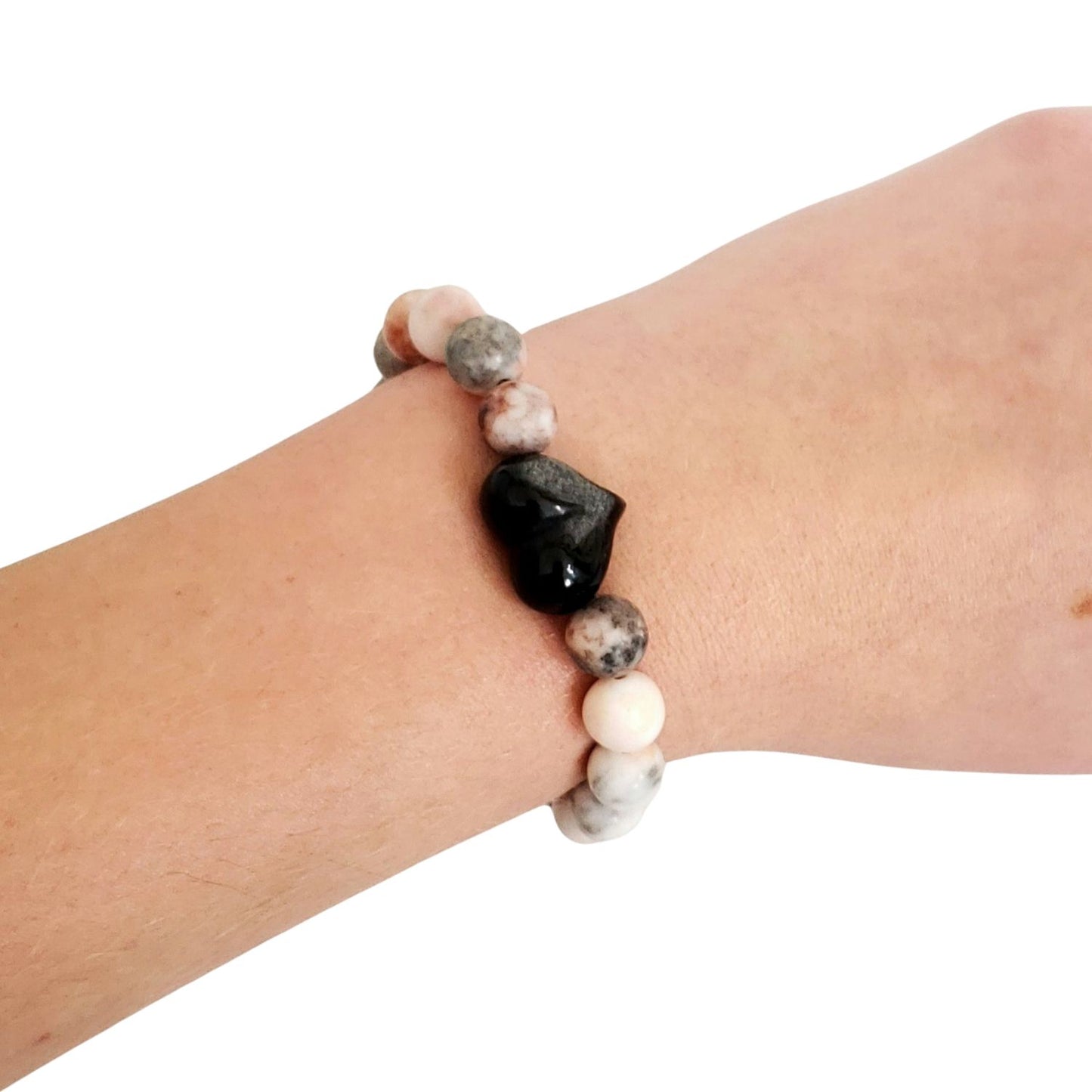 Pink Zebra Jasper Bracelet with Silver Sheen Obsidian Heart