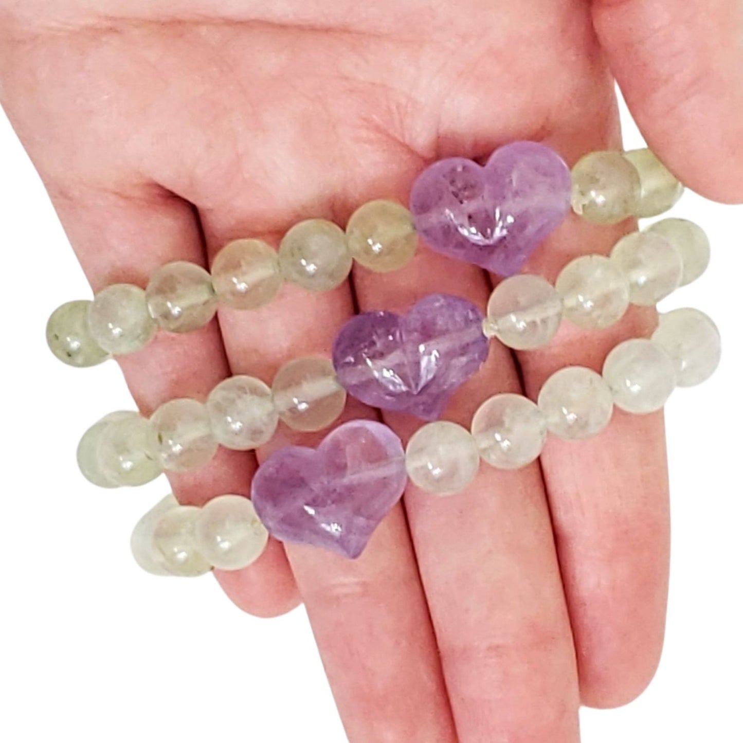 Prehnite with Amethyst Puffed Heart Bracelet