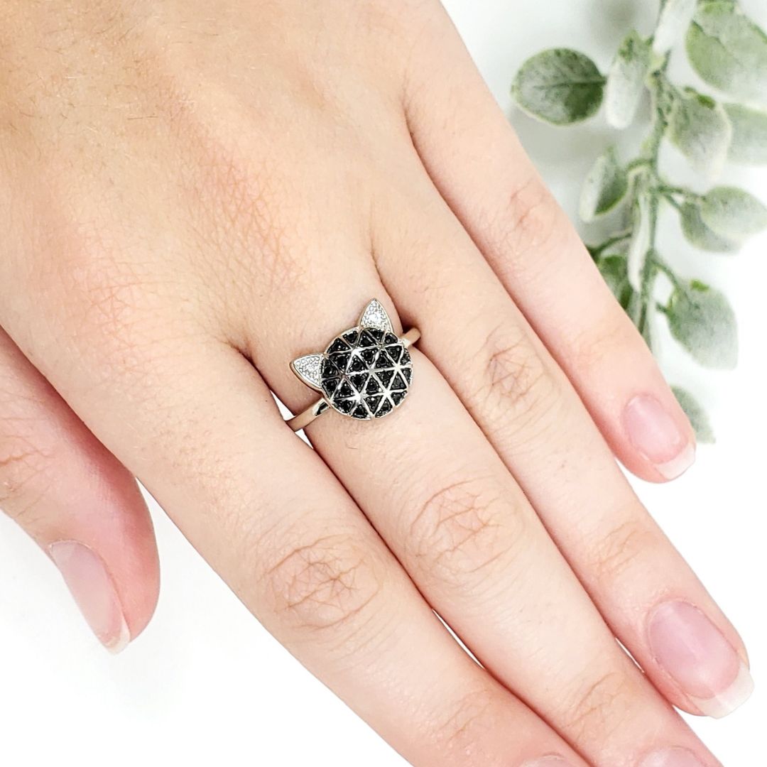 Black Spinel Adjustable Cat Face Ring, Sterling Silver