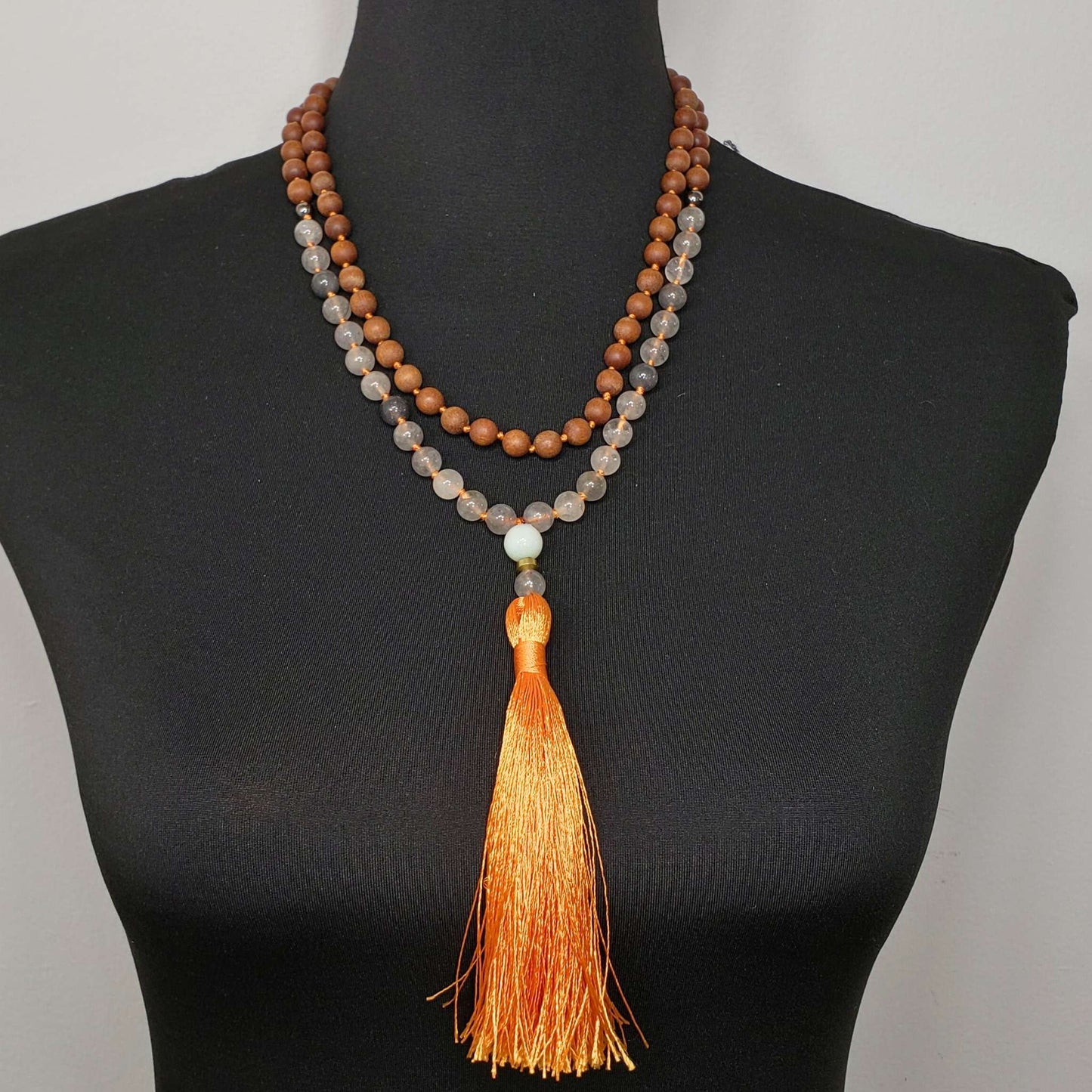 Sandalwood Mala with Grey Quartz and Amazonite