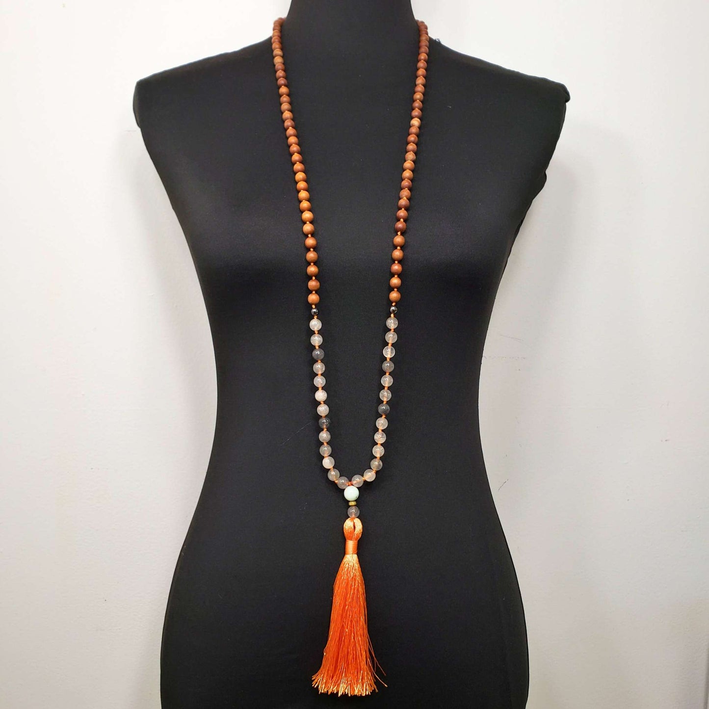 Sandalwood Mala with Grey Quartz and Amazonite