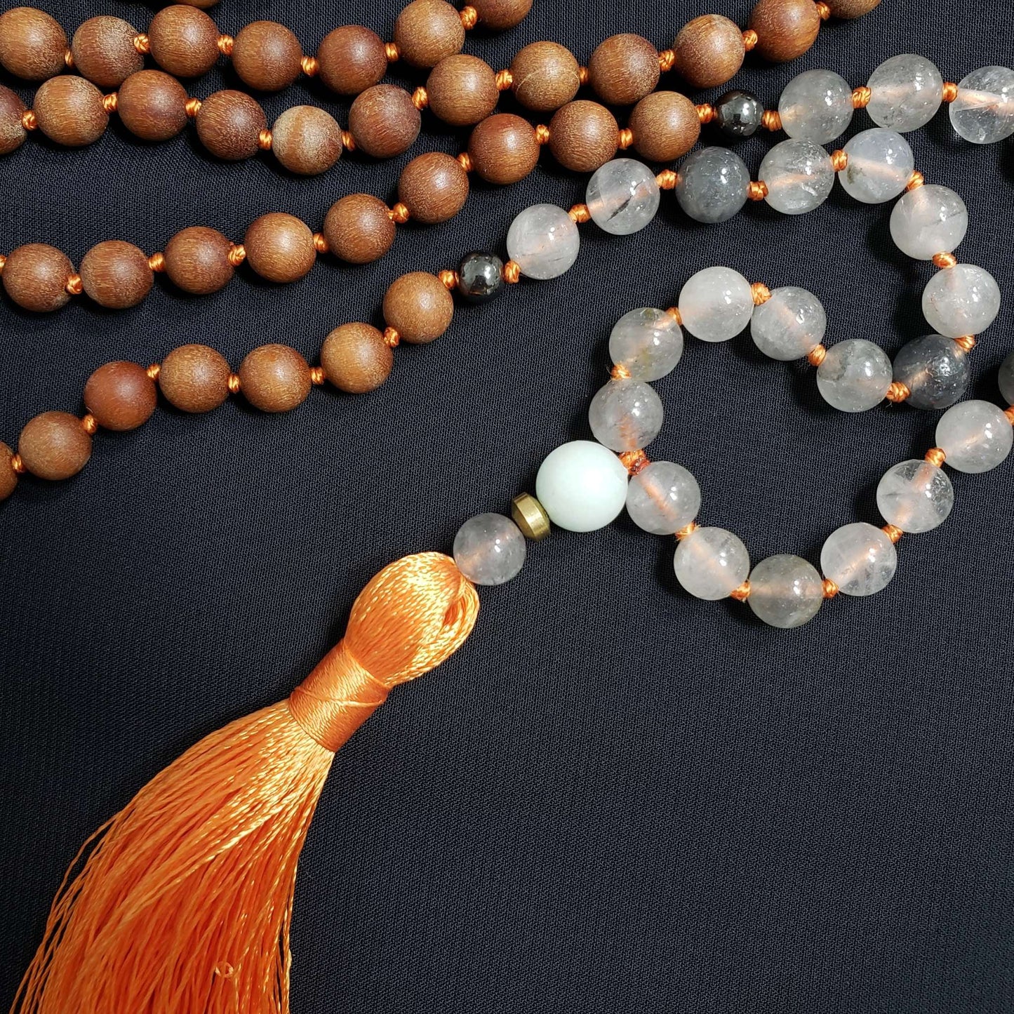 Sandalwood Mala with Grey Quartz and Amazonite