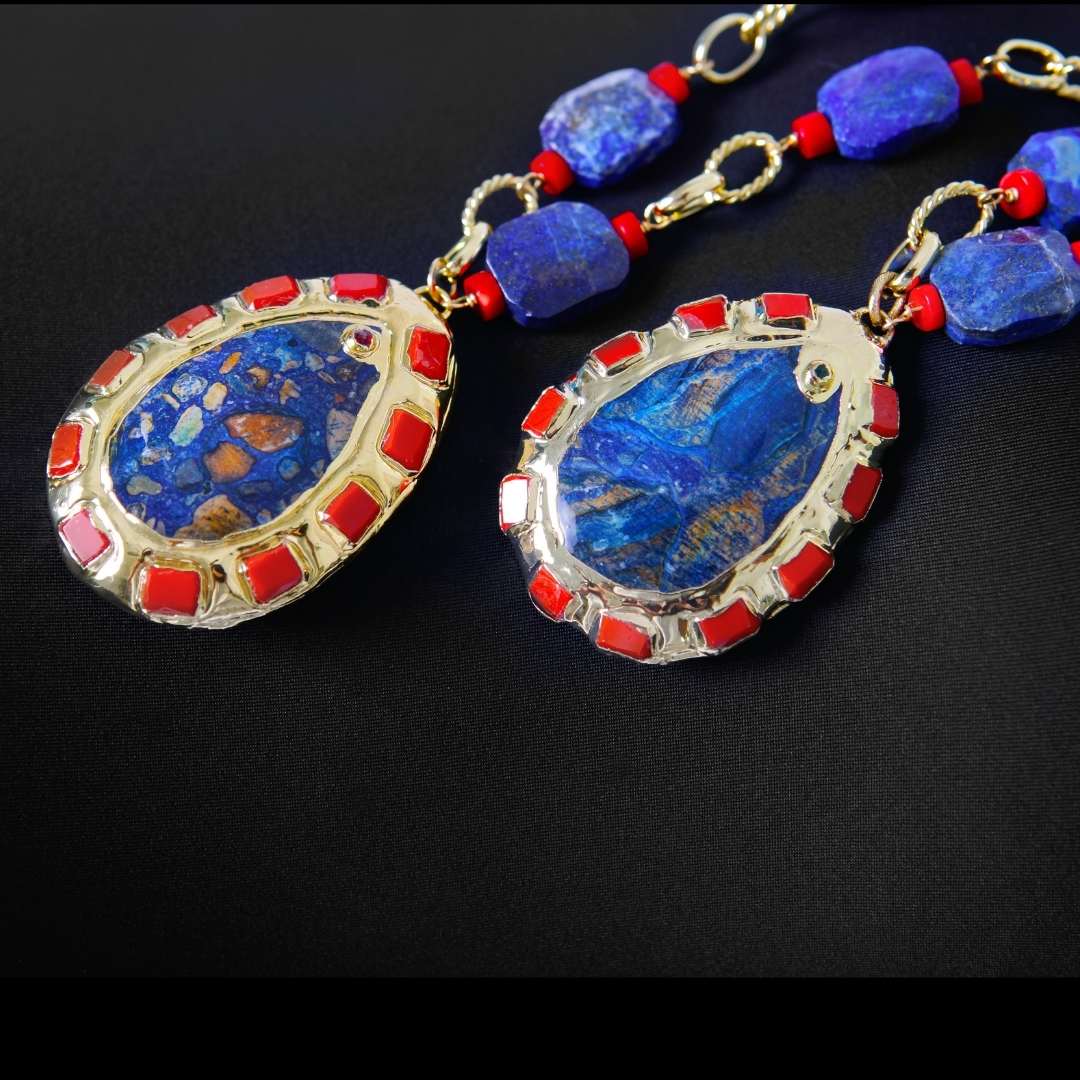 Bold Lapis Lazuli and Coral Gold Chain Necklace with Large Sea Jasper Pendant