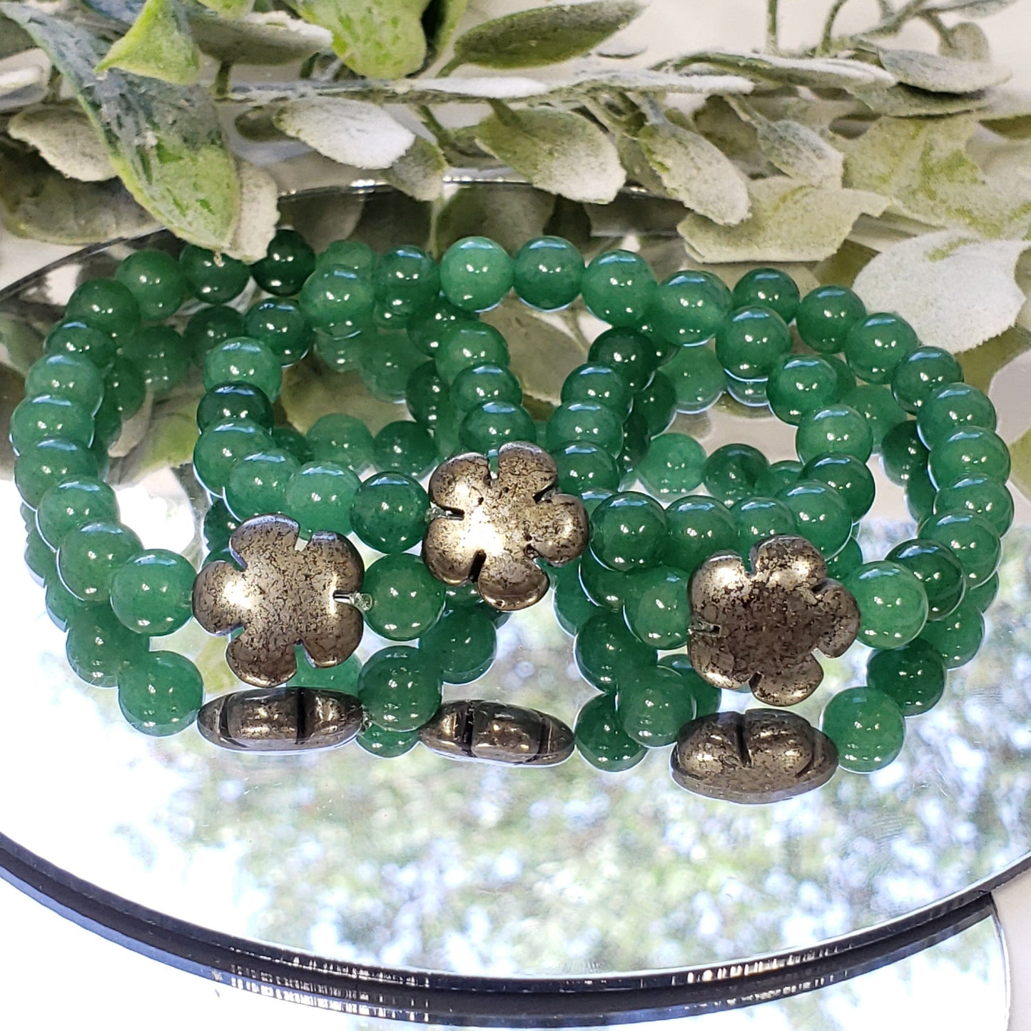 Lucky Green Aventurine Crystal Bracelet wth Pyrite Flower