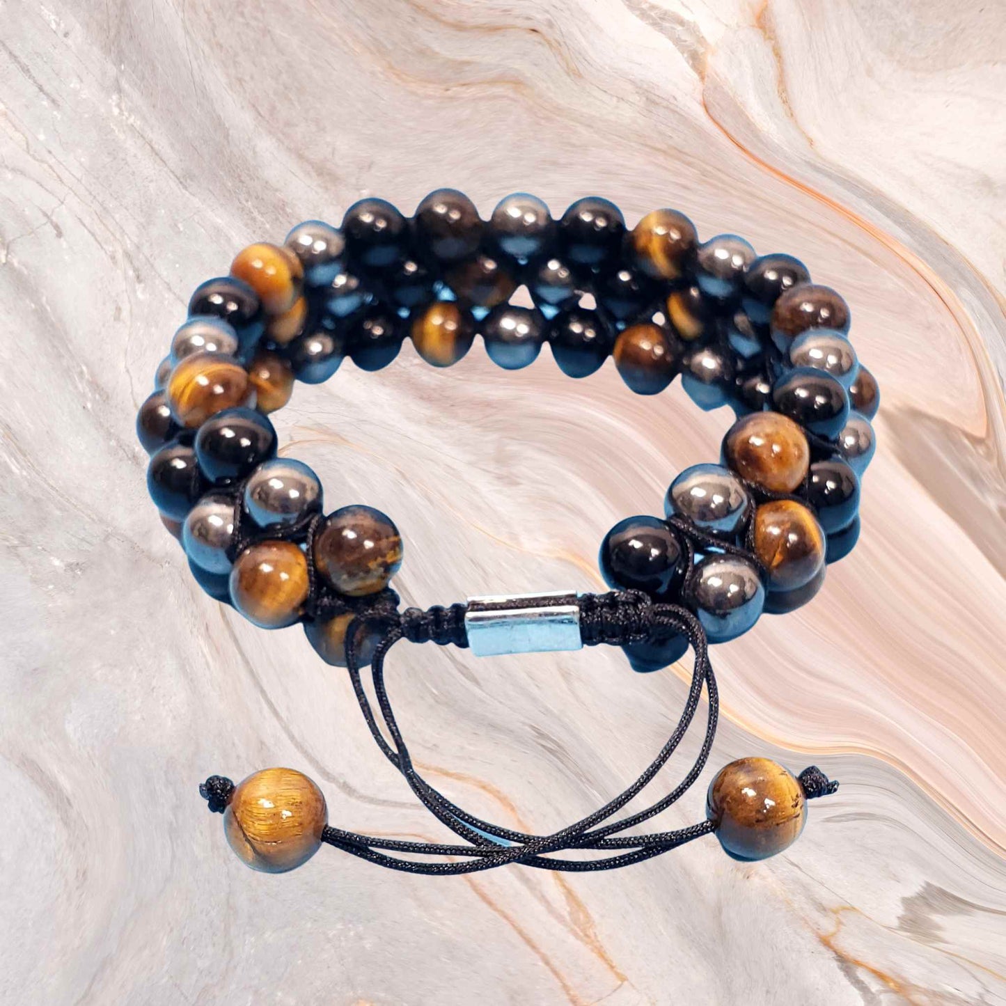 Black Onyx, Hematite and Tiger Eye 3 Strand Adjustable Bracelet