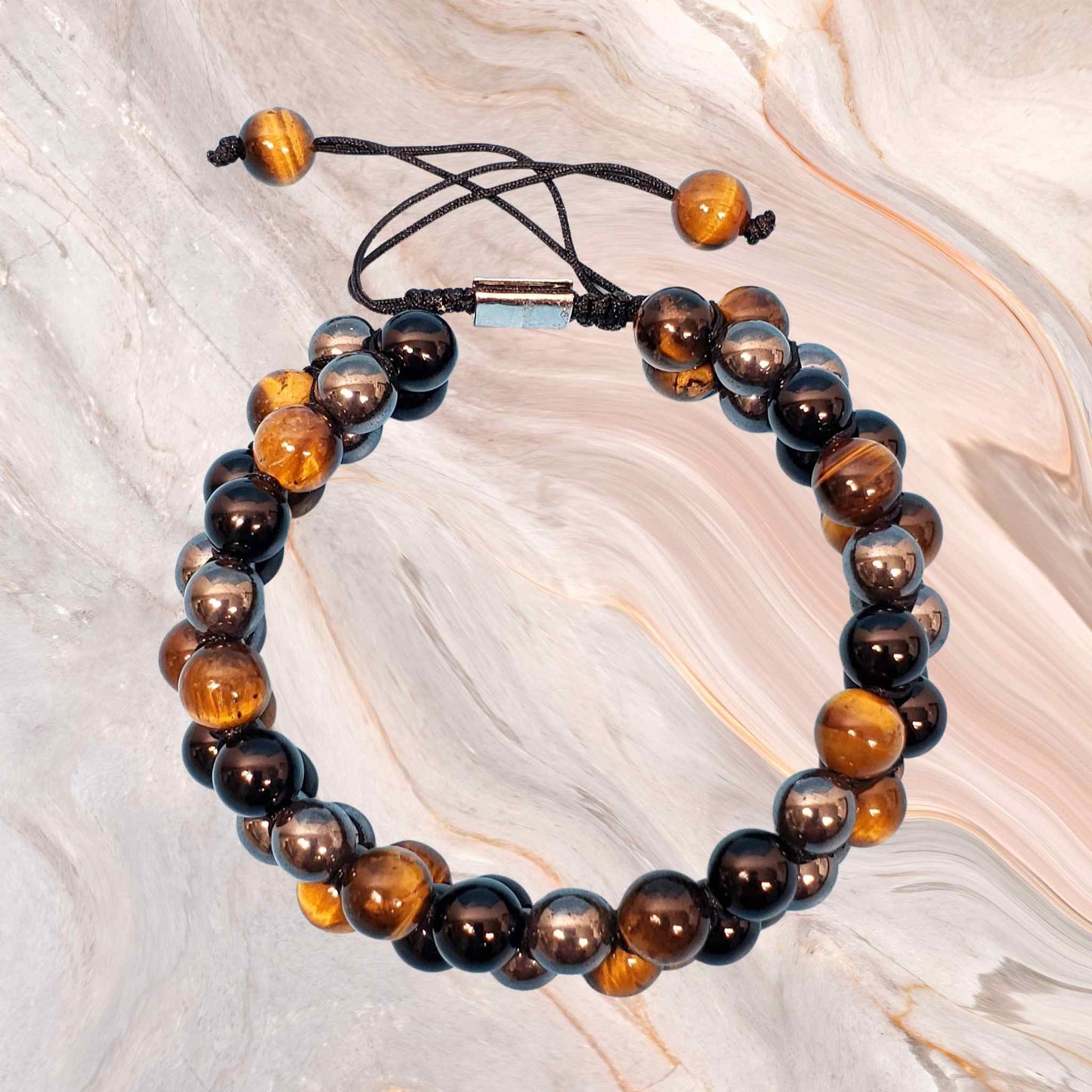Black Onyx, Hematite and Tiger Eye 3 Strand Adjustable Bracelet