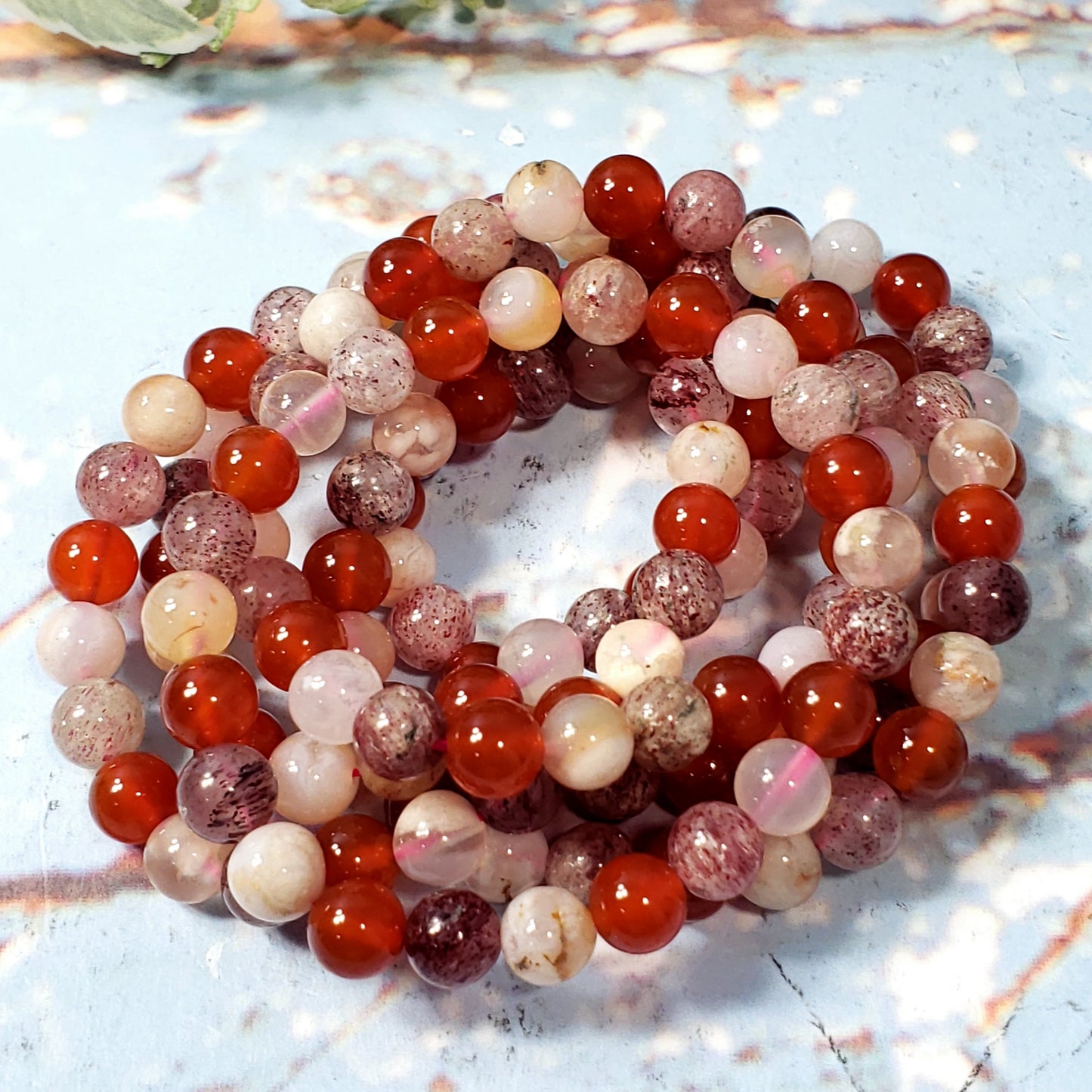 LOVE Vibes 8mm Beaded Bracelet - Carnelian, Flower Agate, Strawberry Quartz - Crystal Happenings