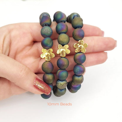 Titanium Aura Agate Beaded Bracelet with Golden Flower – Limited Fall Edition