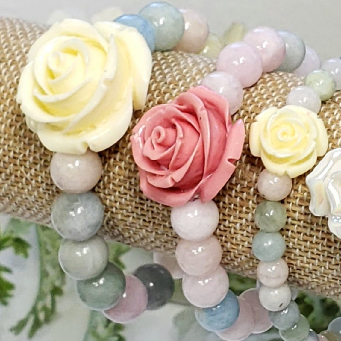 Morganite and Mixed Beryl Crystal  Bracelet with Carved Flower