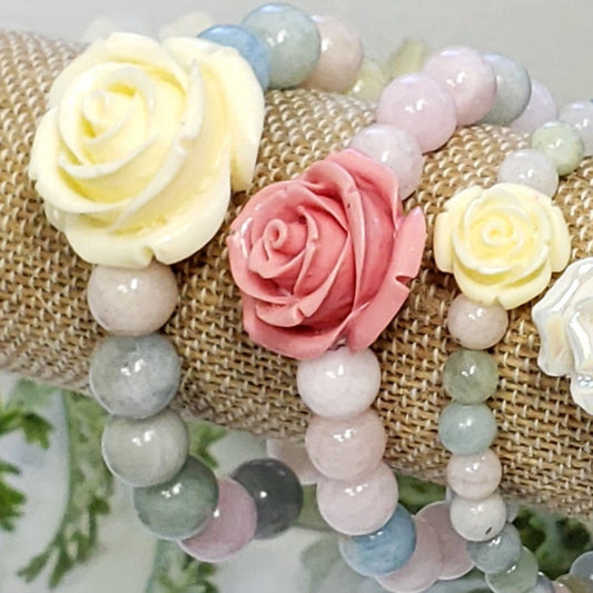 Morganite and Mixed Beryl Crystal  Bracelet with Carved Flower