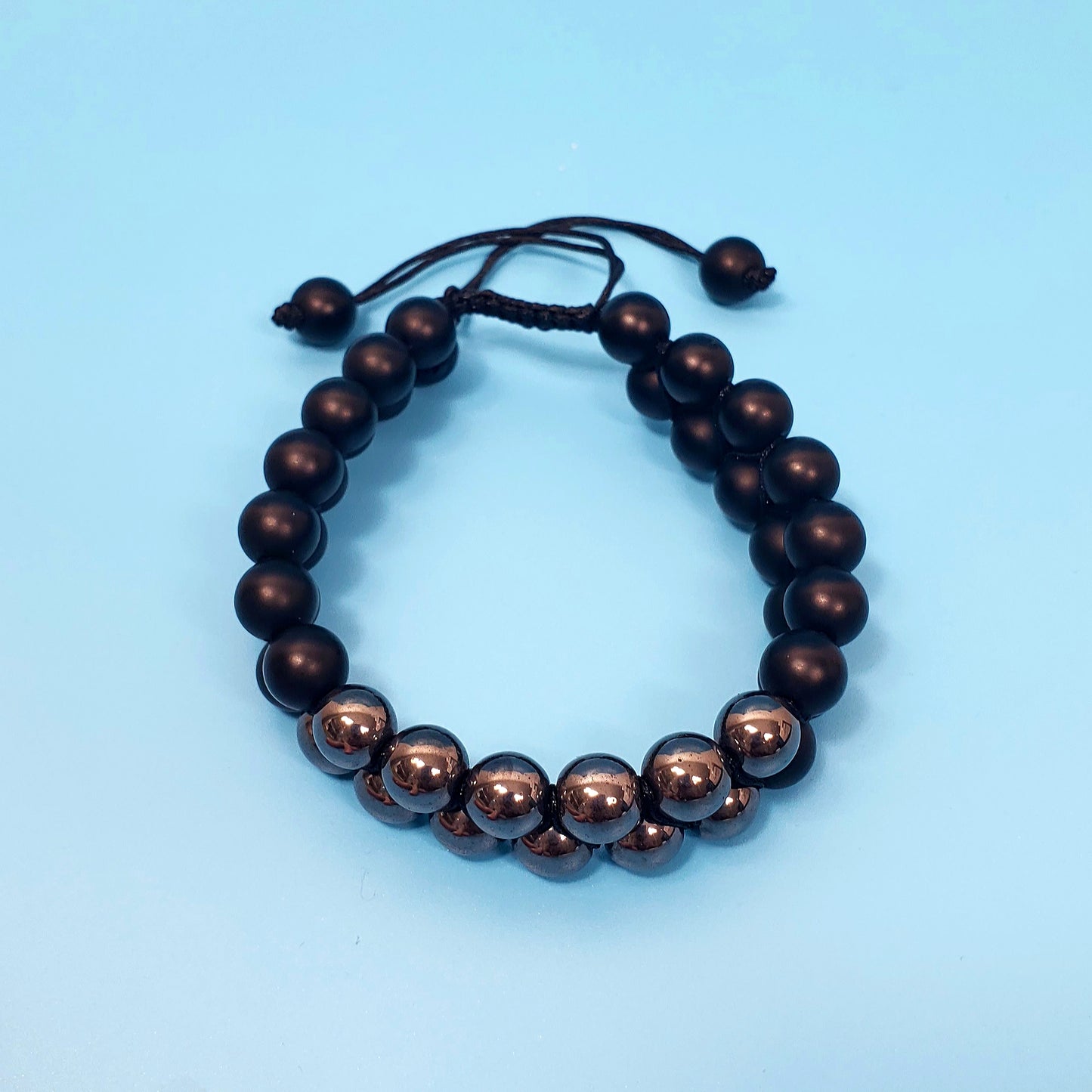 Black Matte Onyx and Hematite Double Strand Adjustable Bracelet
