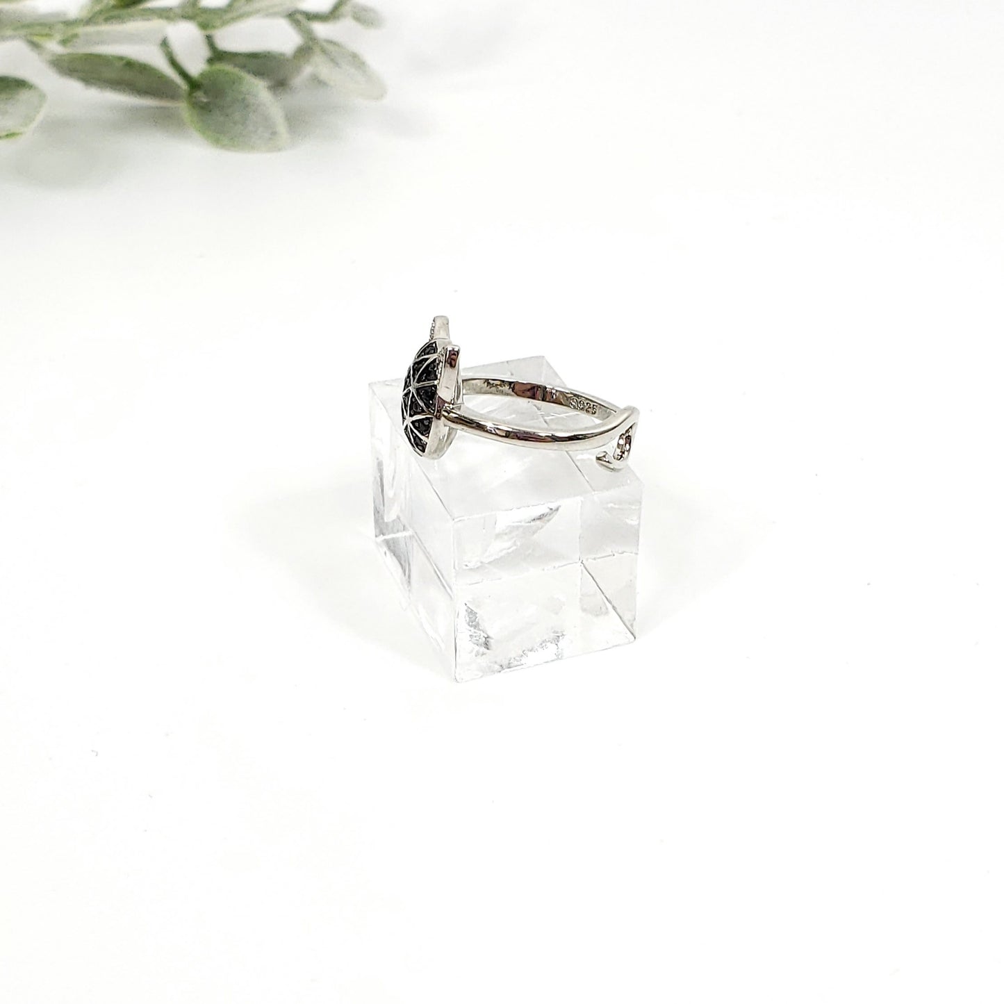 Black Spinel Adjustable Cat Face Ring, Sterling Silver