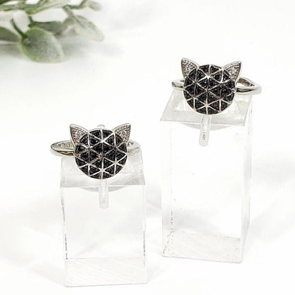 Black Spinel Adjustable Cat Face Ring, Sterling Silver