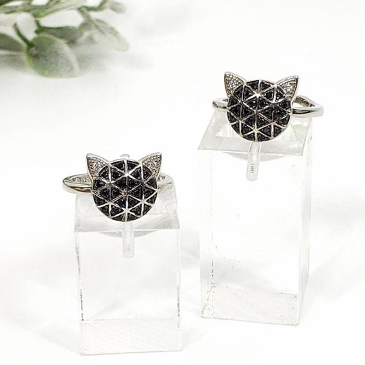 Black Spinel Adjustable Cat Face Ring, Sterling Silver