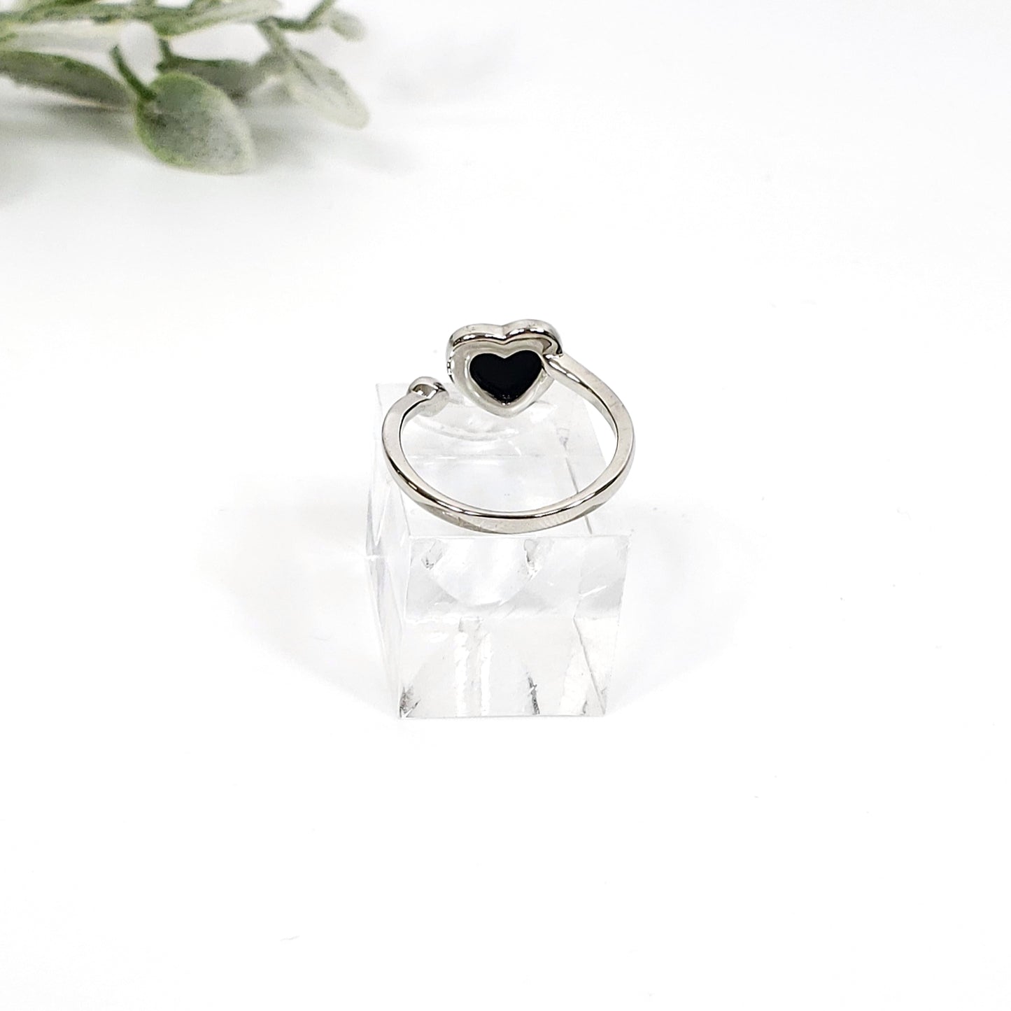 Black Onyx Heart Shaped Ring - Adjustable Sterling Silver