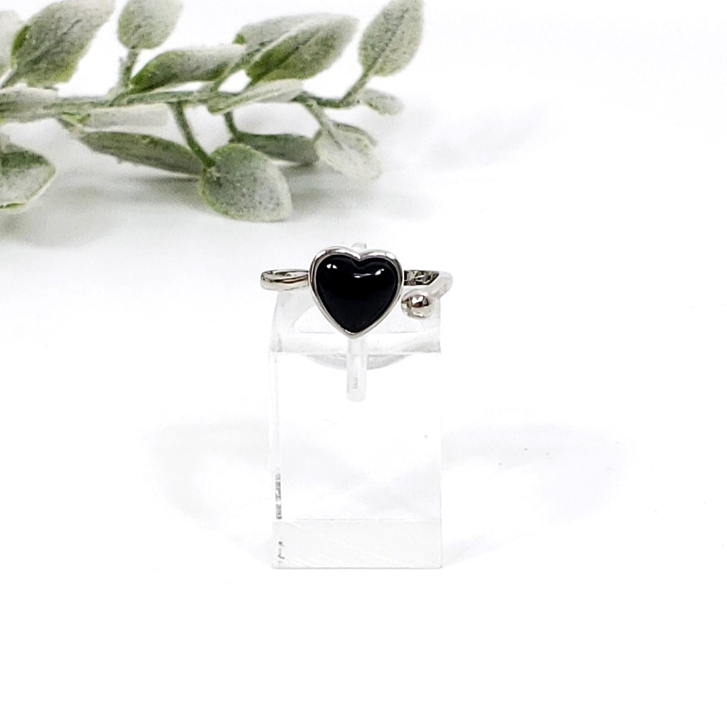 Black Onyx Heart Shaped Ring - Adjustable Sterling Silver