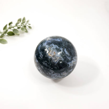 Green Moss Druzy Agate Sphere with Blue Chalcedony for Calm and Renewal