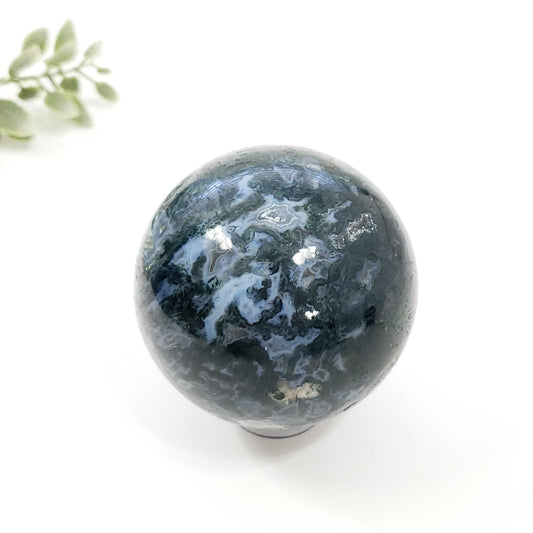 Green Moss Agate with blue Chalceony Crystal Sphere